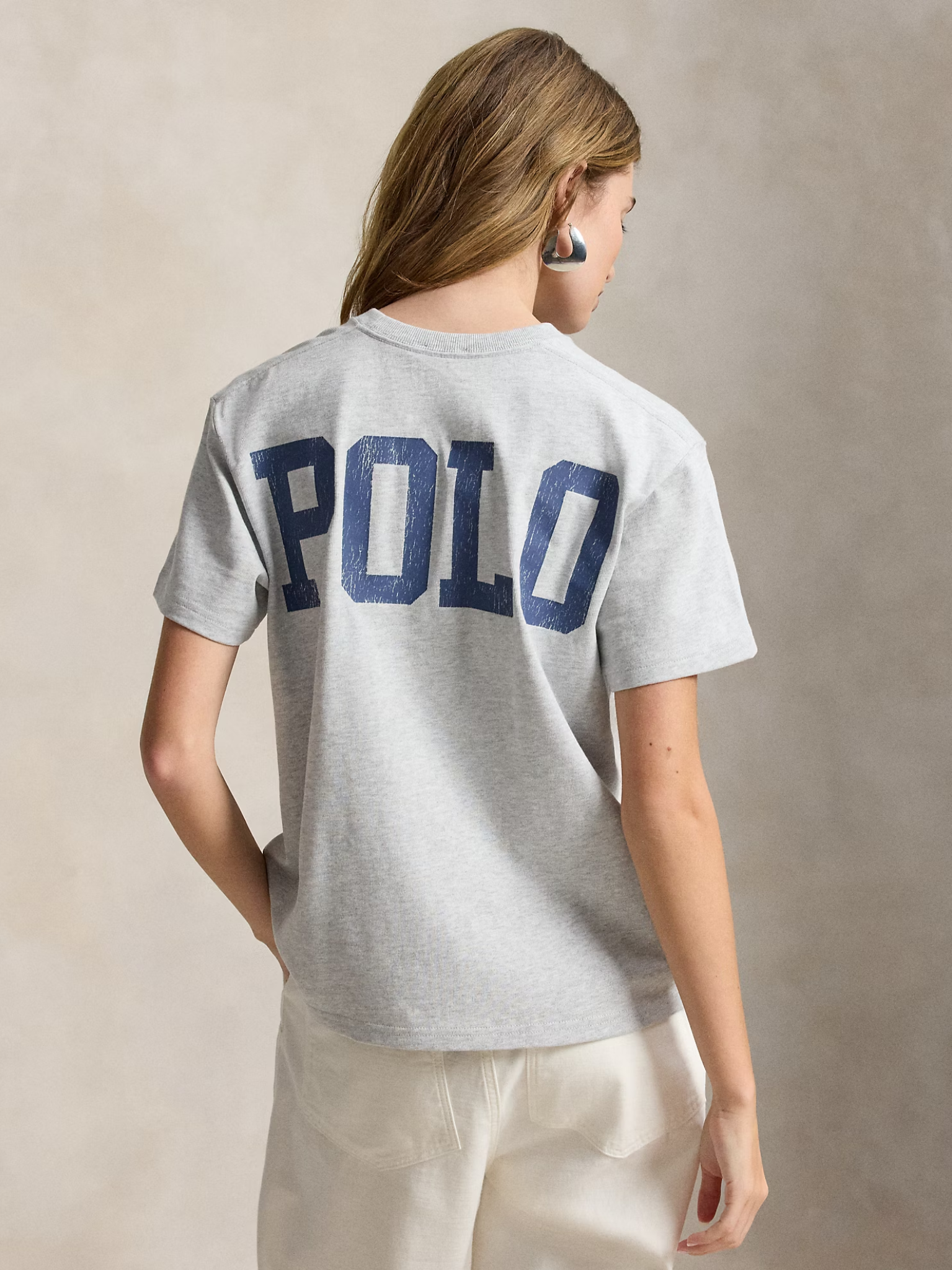 RALPH LAUREN WOMEN Logo Cotton Jersey T-Shirt Grey Ash Heather