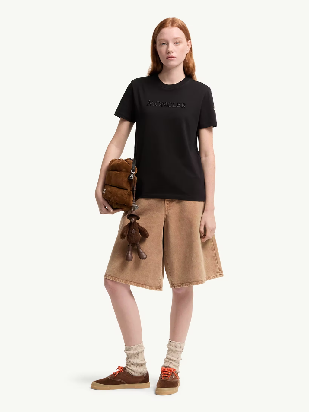 MONCLER WOMEN Embroidered Tonal Logo Cotton T-Shirt Black