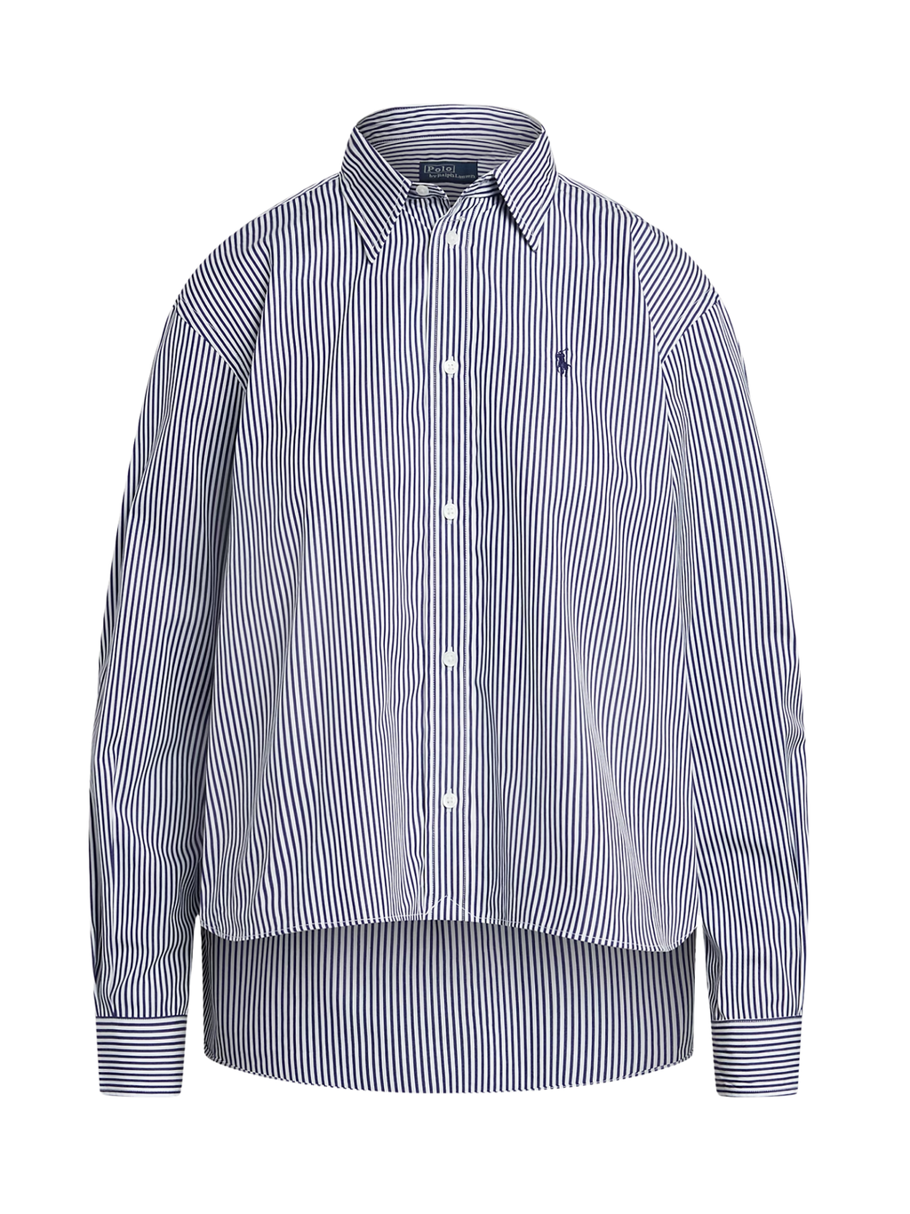 RALPH LAUREN WOMEN Cropped Boxy Striped Cotton Shirt White/Fall Royal