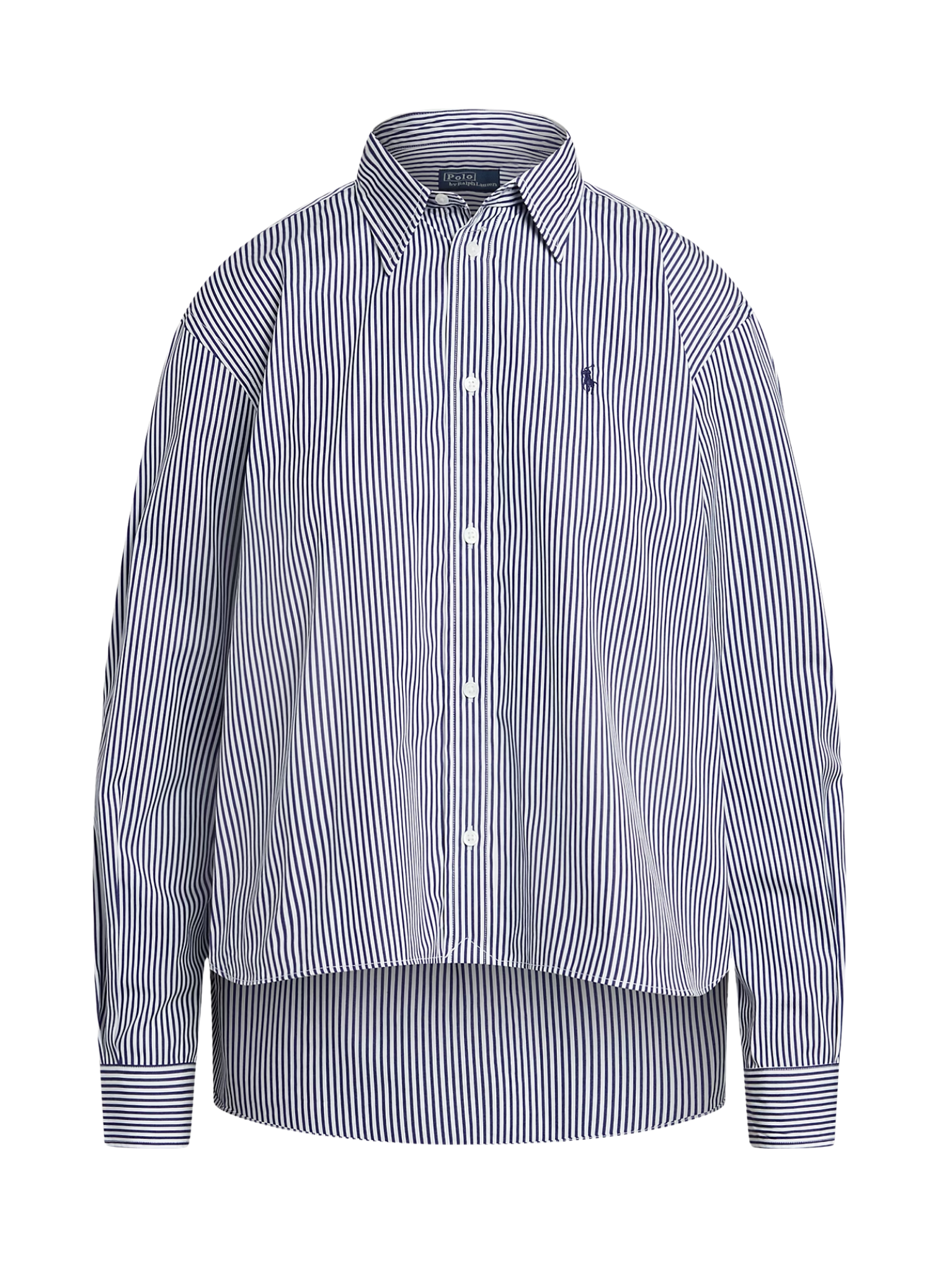 RALPH LAUREN WOMEN Cropped Boxy Striped Cotton Shirt White/Fall Royal