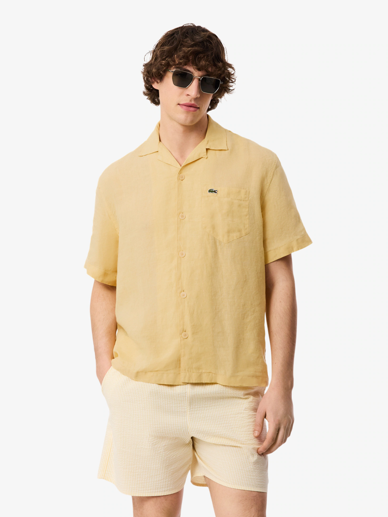 LACOSTE Relaxed Fit Linen Shirt Jaune