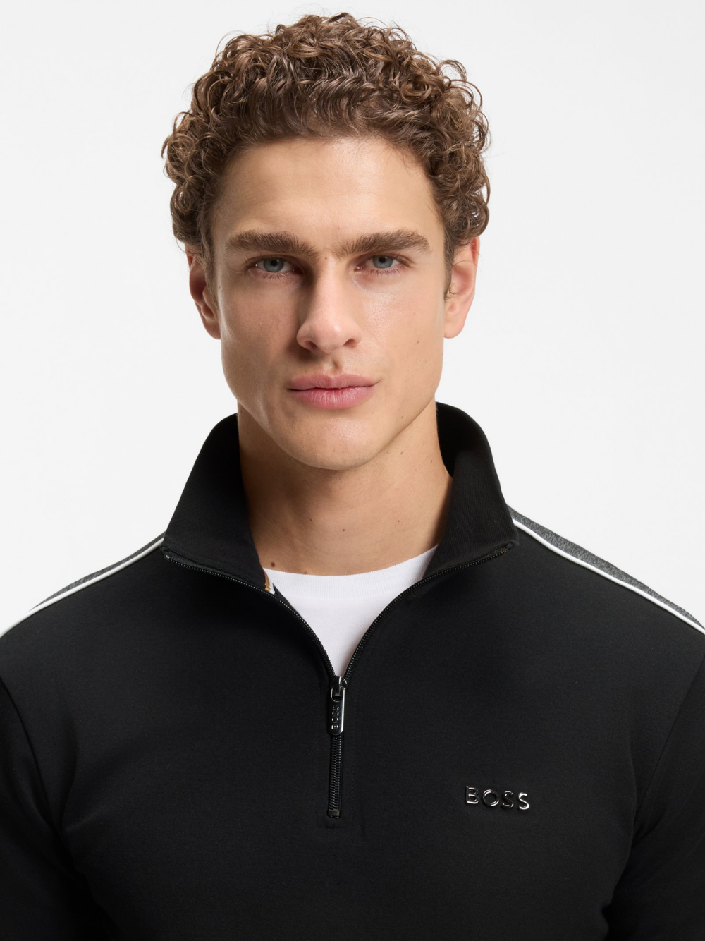 BOSS Contrast-Detail Zip-Neck Sweatshirt In A Cotton Blend Black