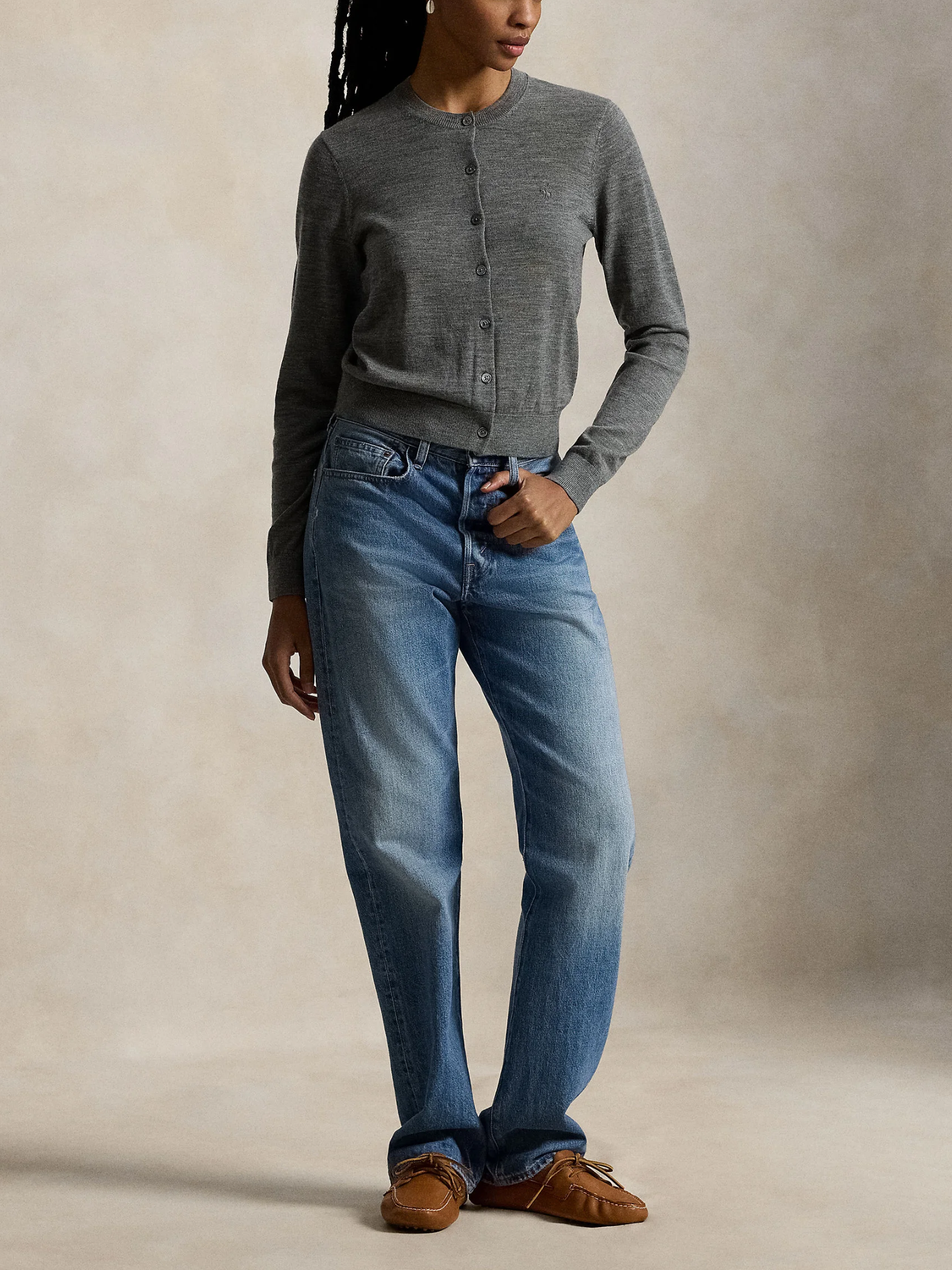 RALPH LAUREN WOMEN Wool Crewneck Cardigan Flannel Heather Grey