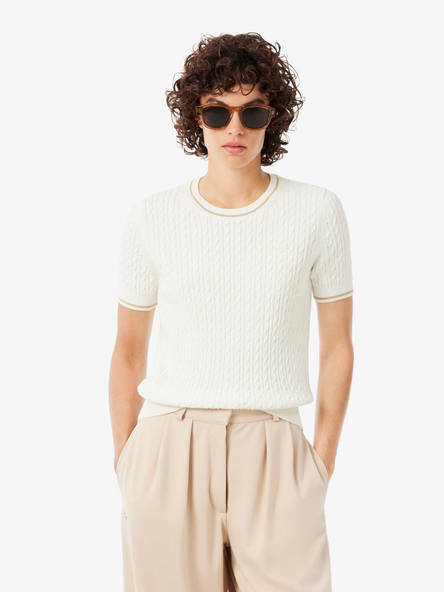 LACOSTE WOMEN Short Sleeved Cable Knit Sweater White