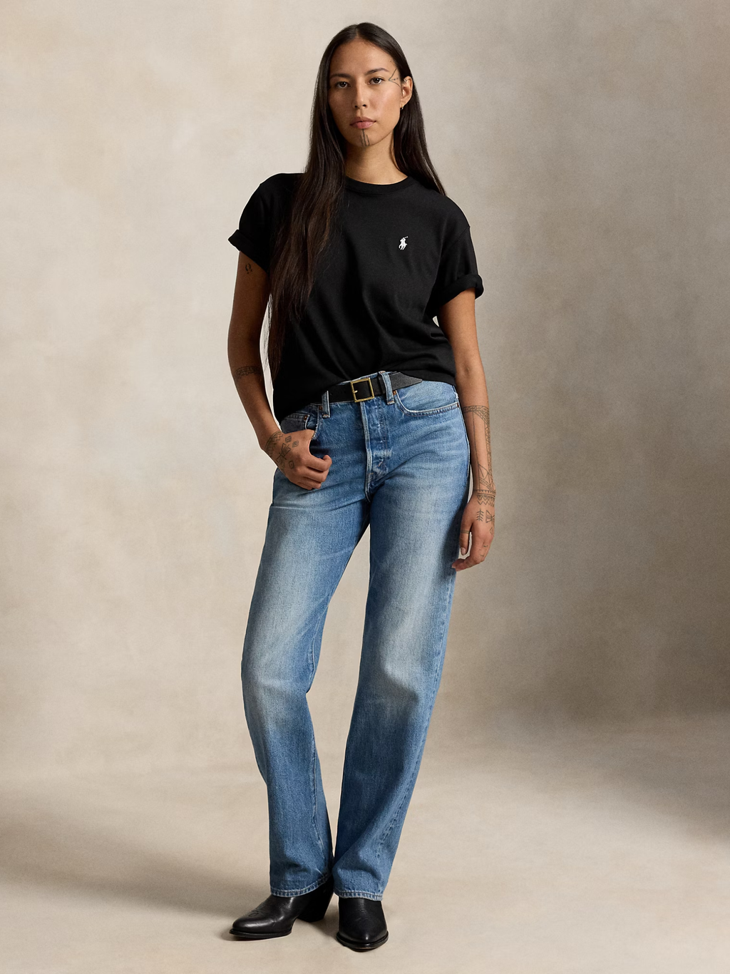 RALPH LAUREN WOMEN Relaxed Fit Cotton Jersey Tee Polo Black