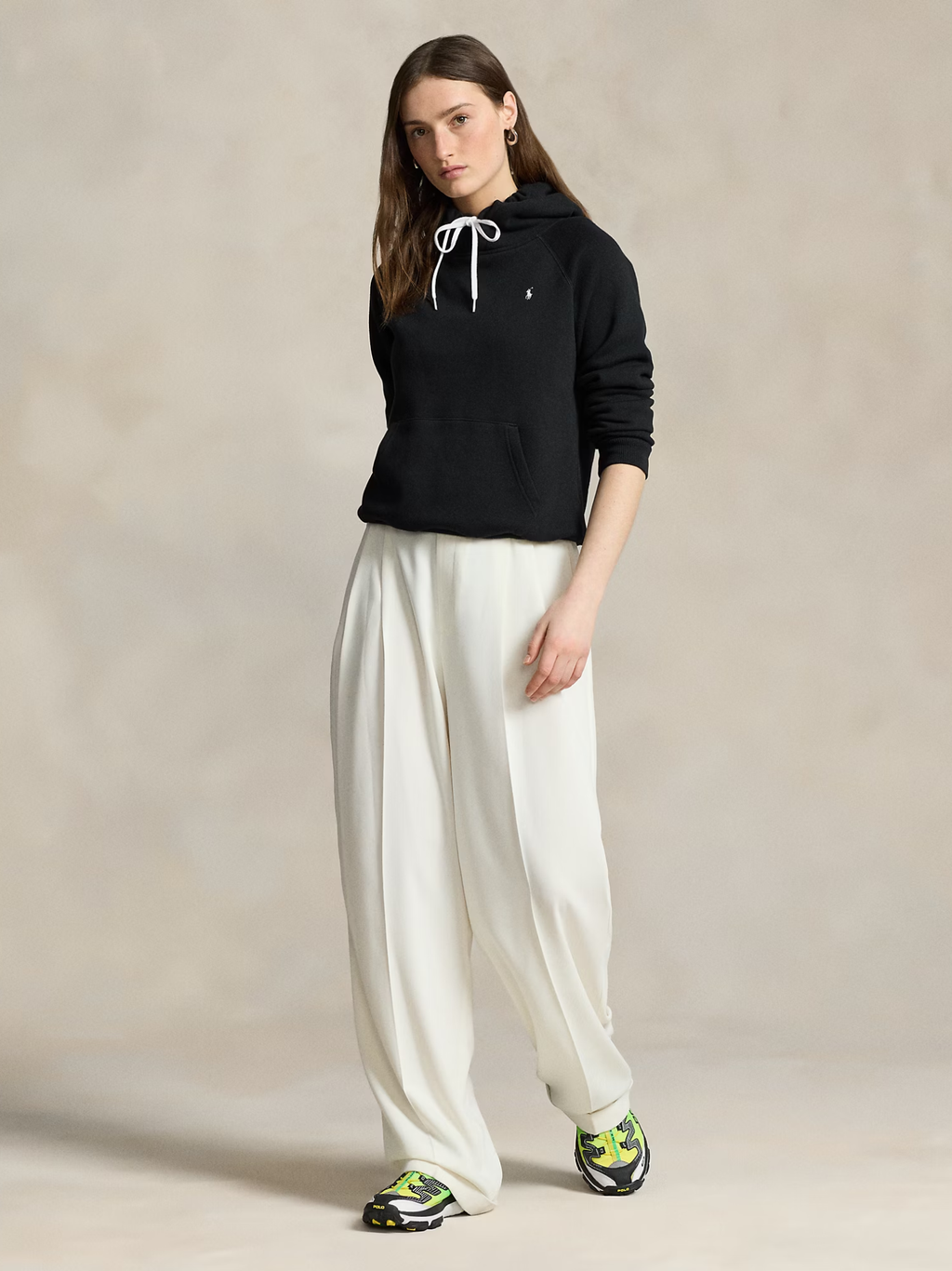 RALPH LAUREN WOMEN Shrunken Fit Fleece Hoodie Polo Black