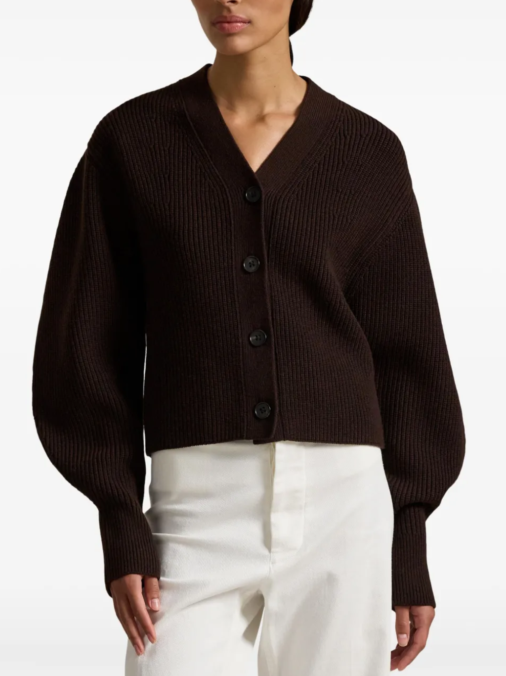 RALPH LAUREN WOMEN Ribbed Wool-blend Shaped Cardigan Rich Cocoa Melange