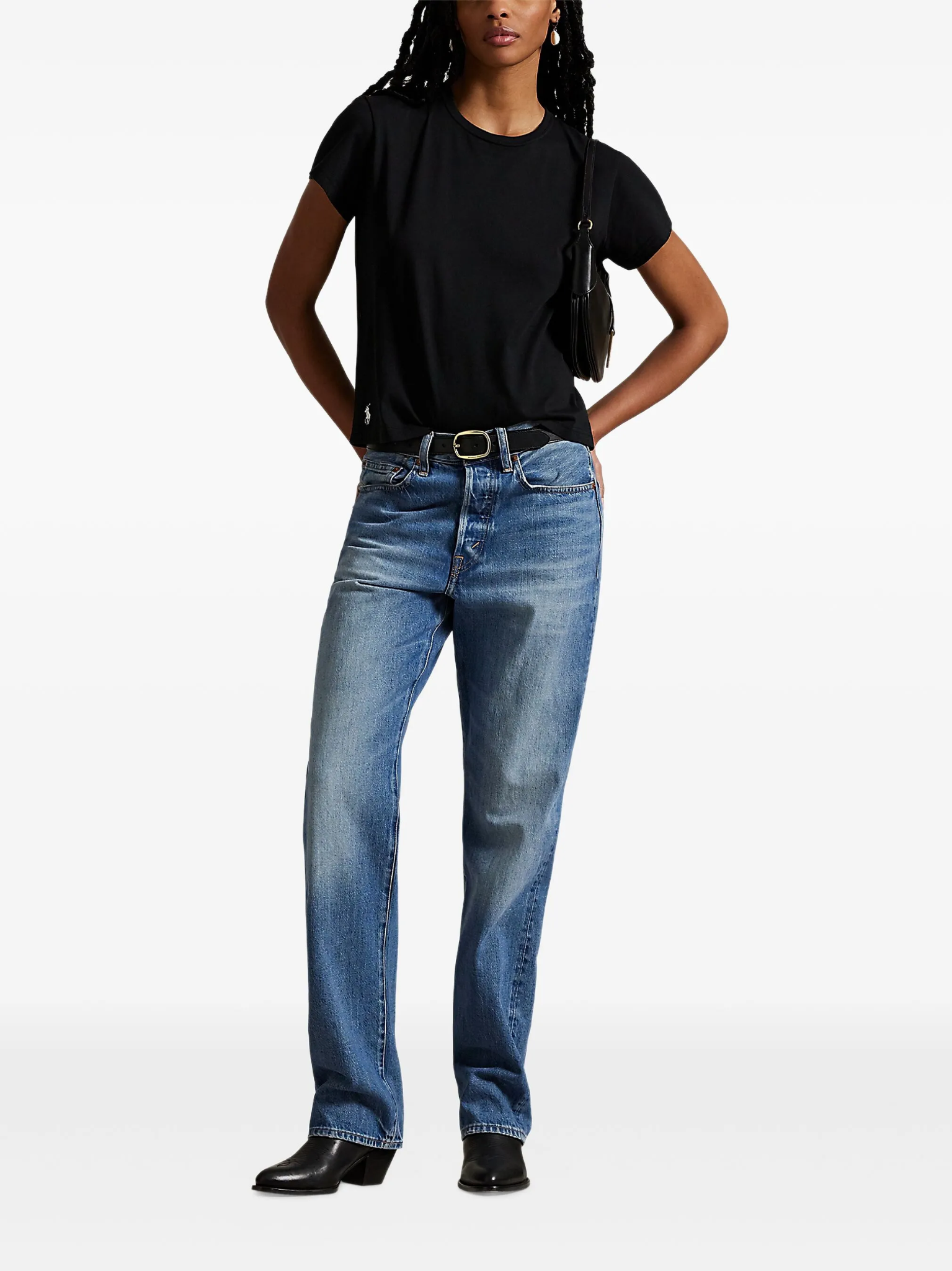 RALPH LAUREN WOMEN Classic Shrunken Fit Jersey Tee Polo Black