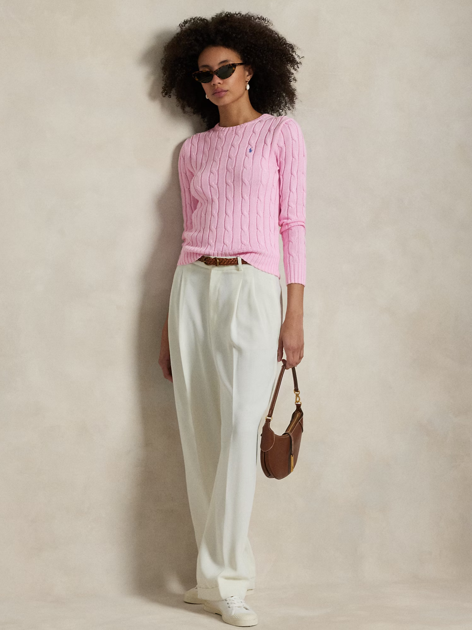 RALPH LAUREN WOMEN Cable-Knit Cotton Crewneck Jumper Carmel Pink