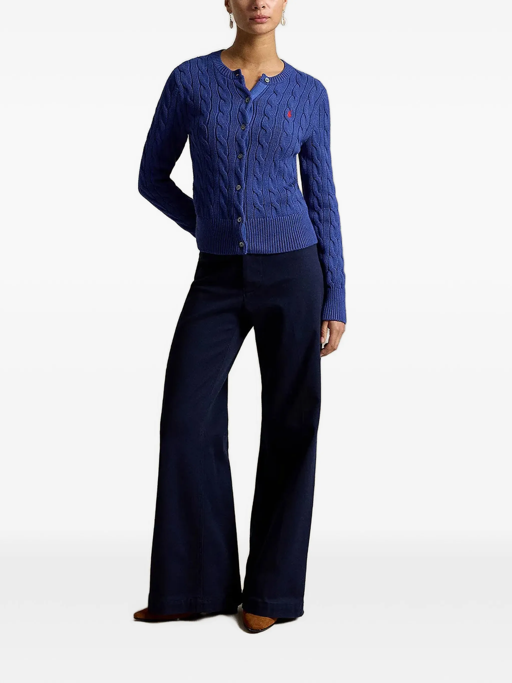 RALPH LAUREN WOMEN Cable-knit Cotton Crewneck Cardigan Charter Blue