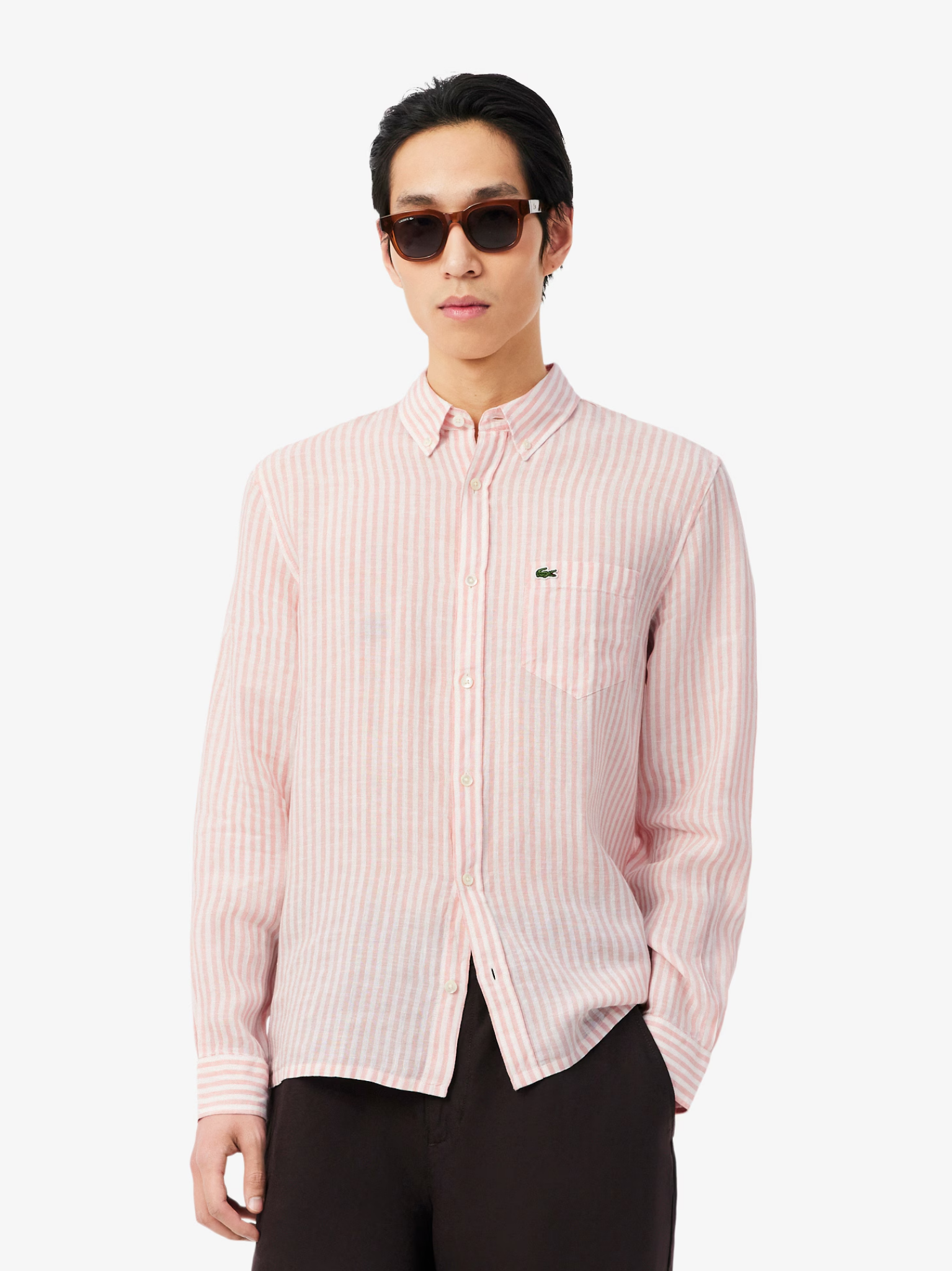 LACOSTE Regular Fit Striped Linen Shirt Pink/White