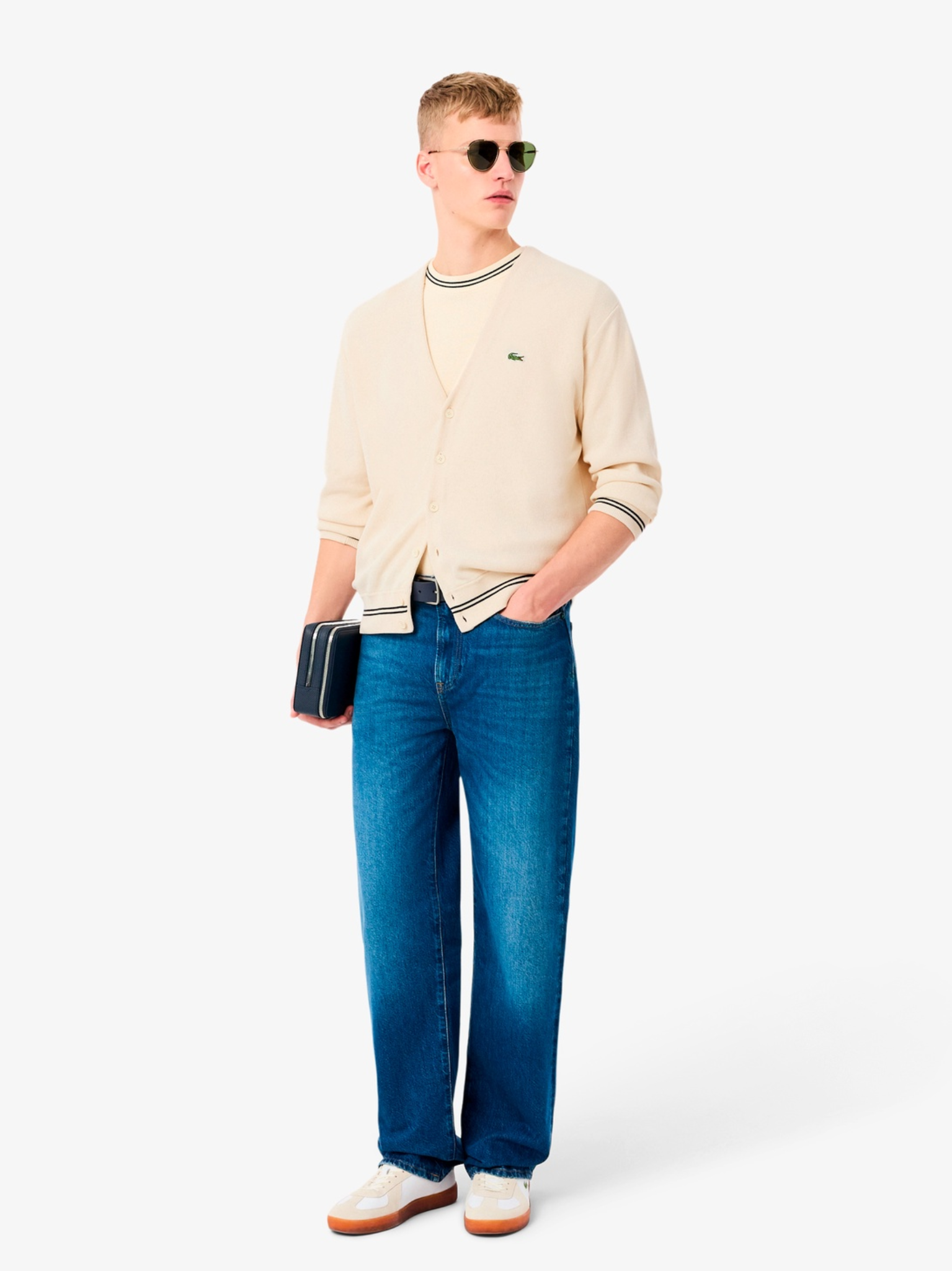 LACOSTE Rib-knit Stitch Cotton Knit Cardigan Beige