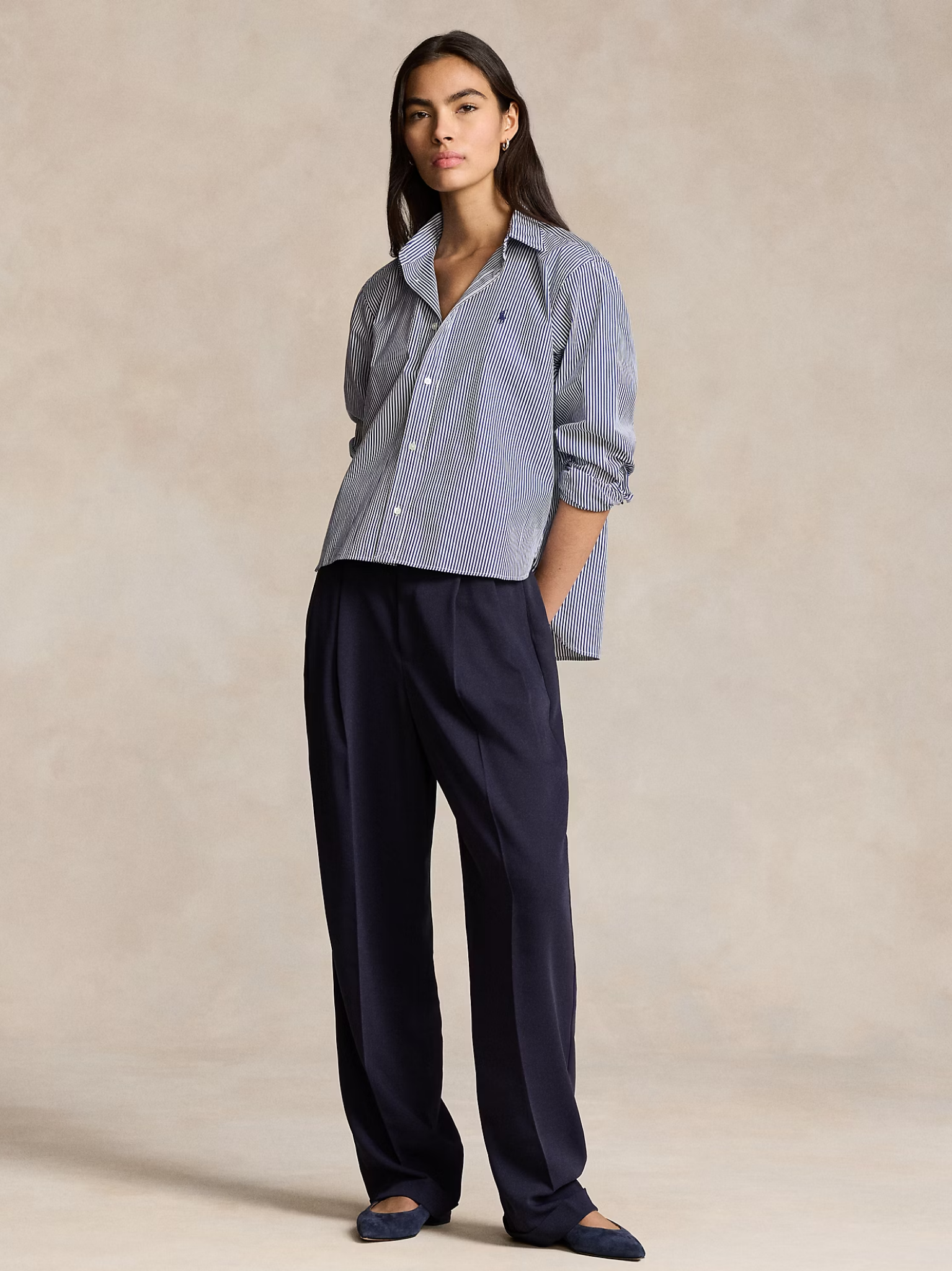RALPH LAUREN WOMEN Cropped Boxy Striped Cotton Shirt White/Fall Royal
