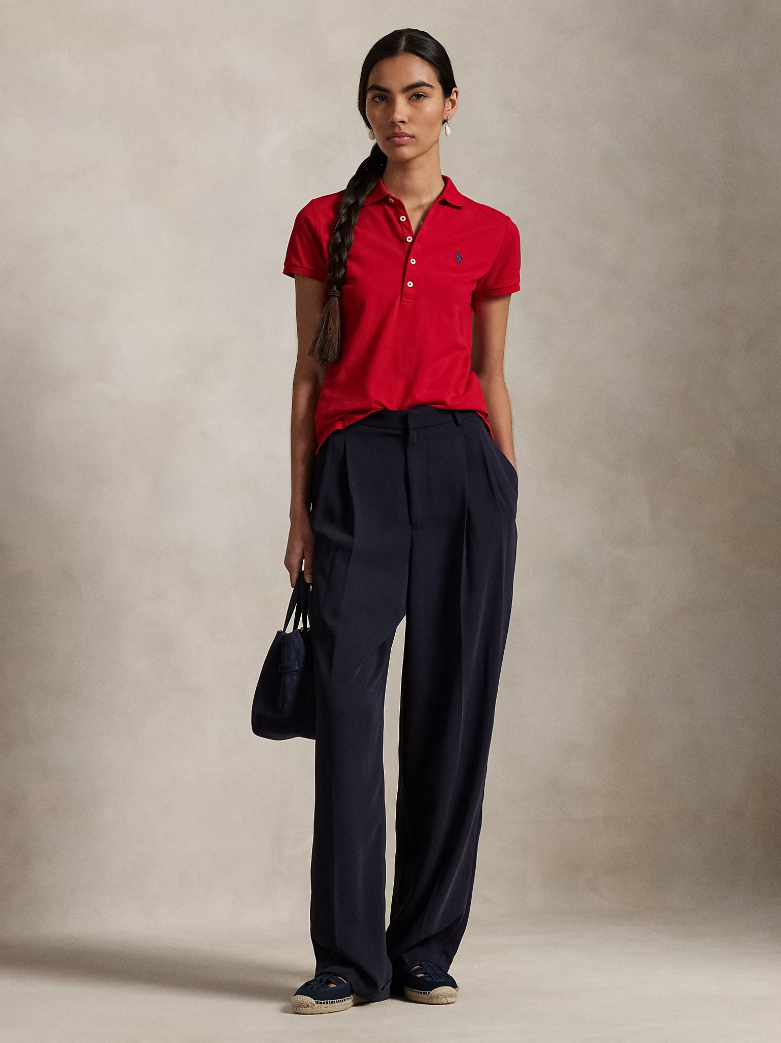 RALPH LAUREN WOMEN Slim Fit Stretch Polo Shirt Red/Navy