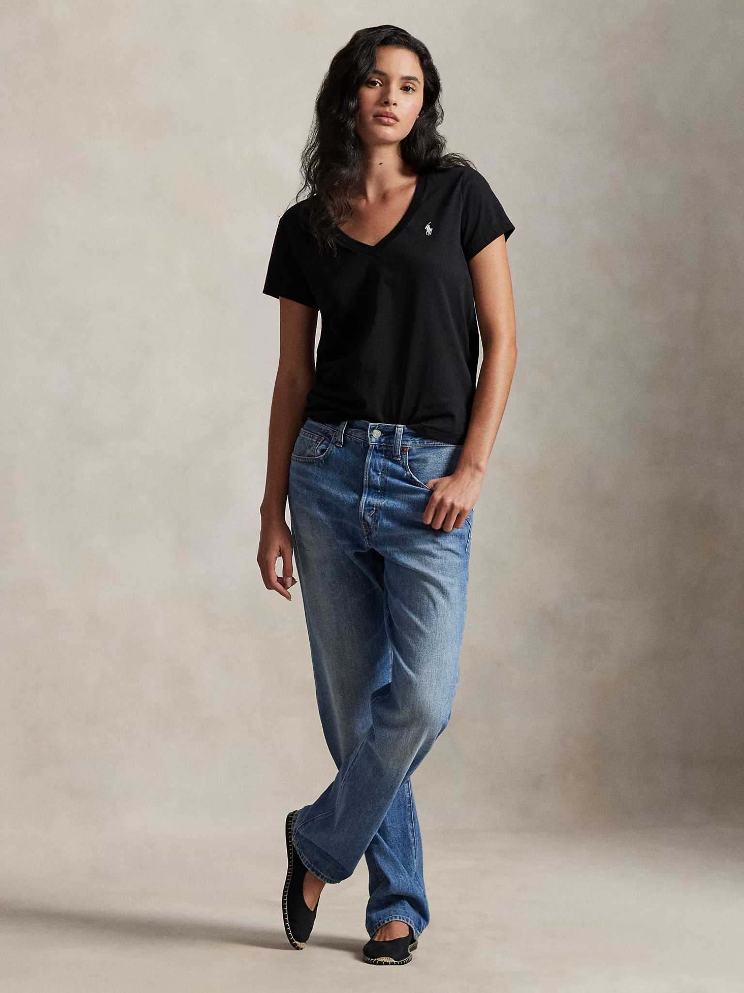 RALPH LAUREN WOMEN Cotton Jersey V-Neck T-Shirt Polo Black