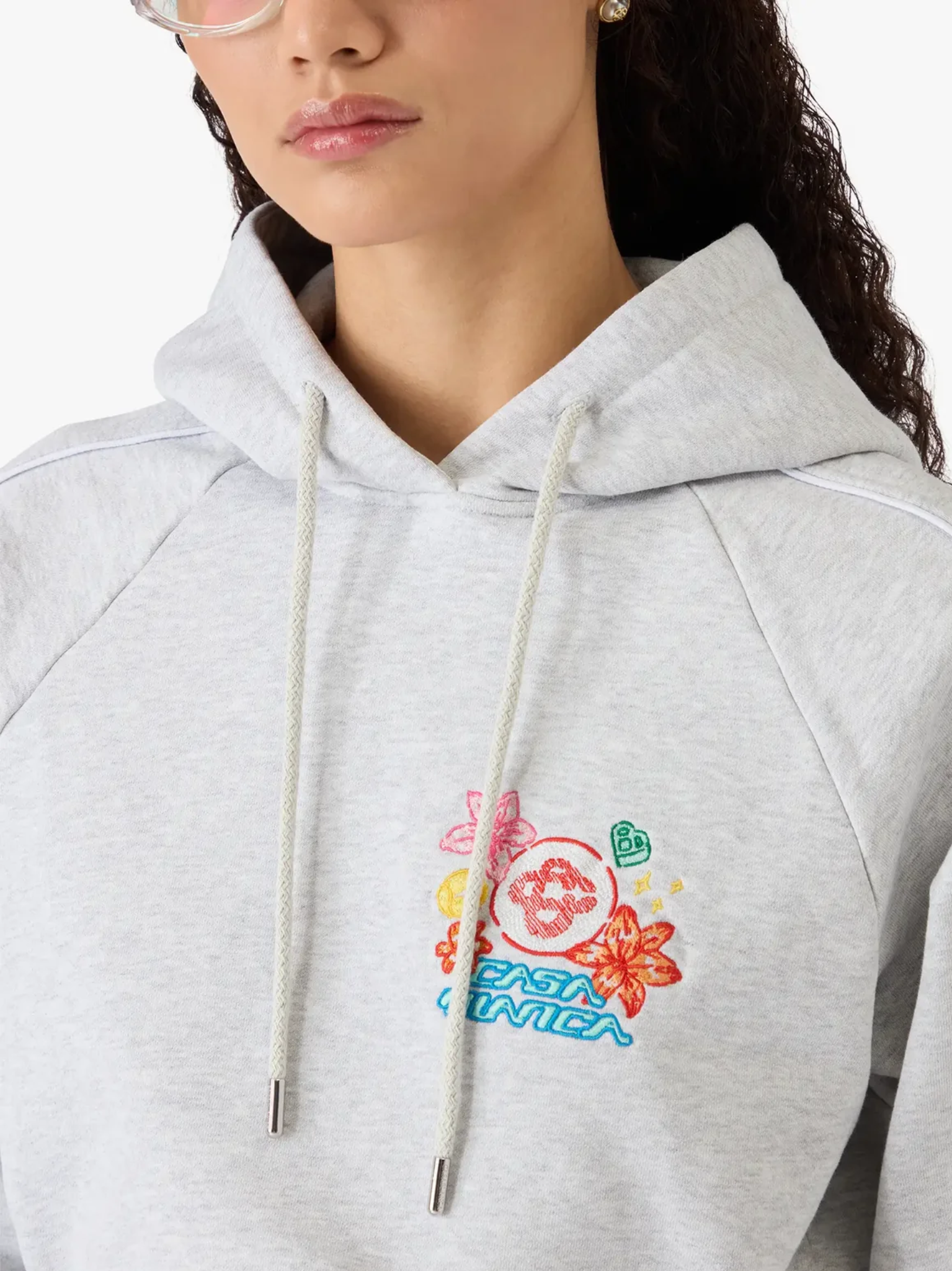 CASABLANCA WOMEN Embroidered Cropped Hooded Sweatshirt Grey