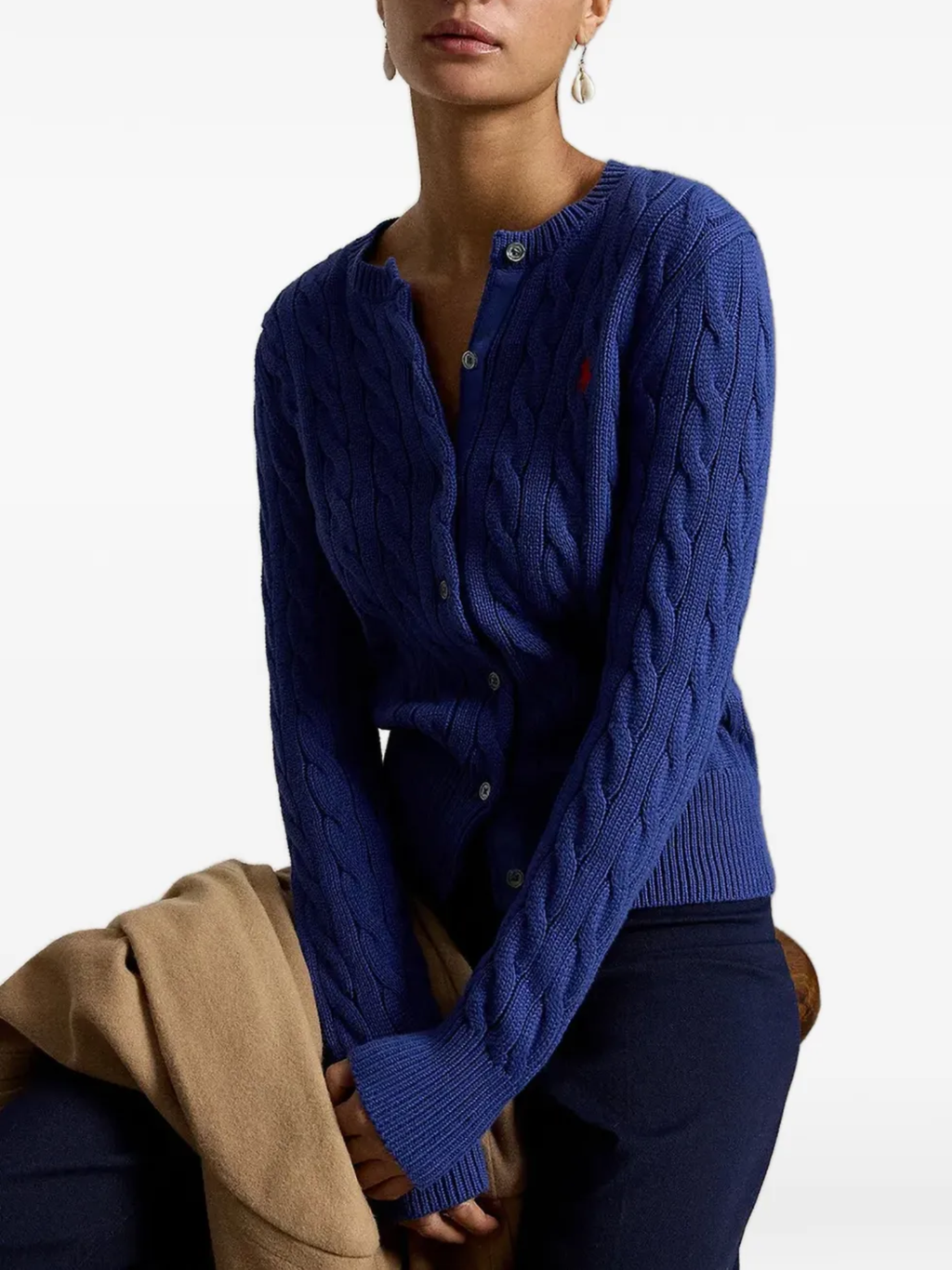 RALPH LAUREN WOMEN Cable-knit Cotton Crewneck Cardigan Charter Blue