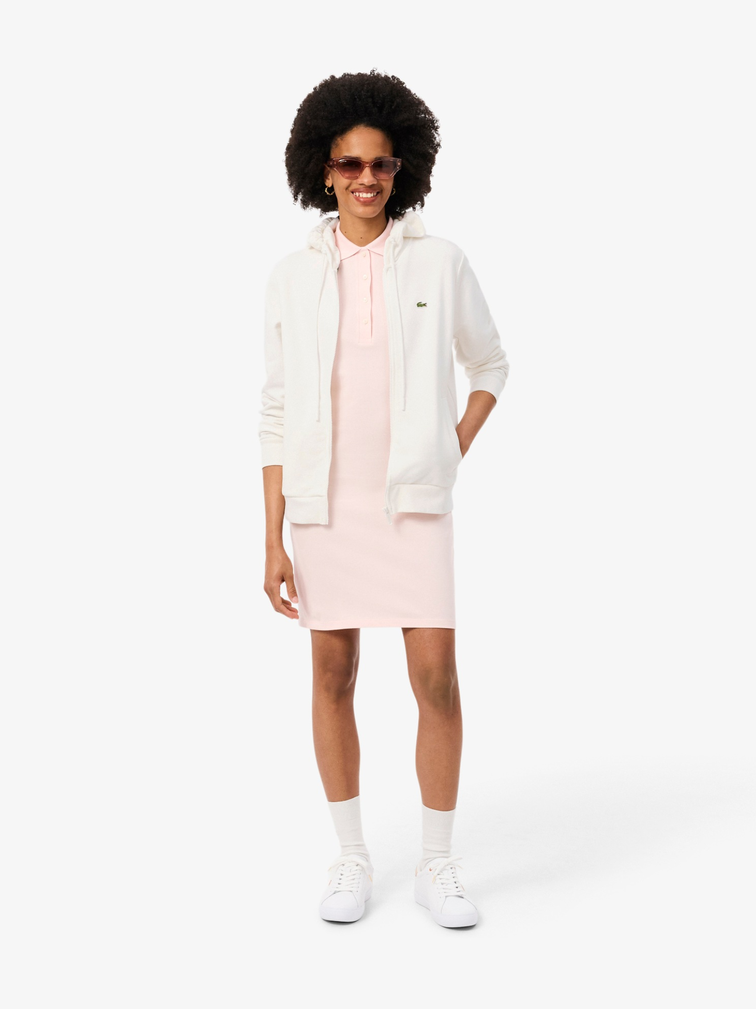 LACOSTE WOMEN Zipped Fleece Hoodie White