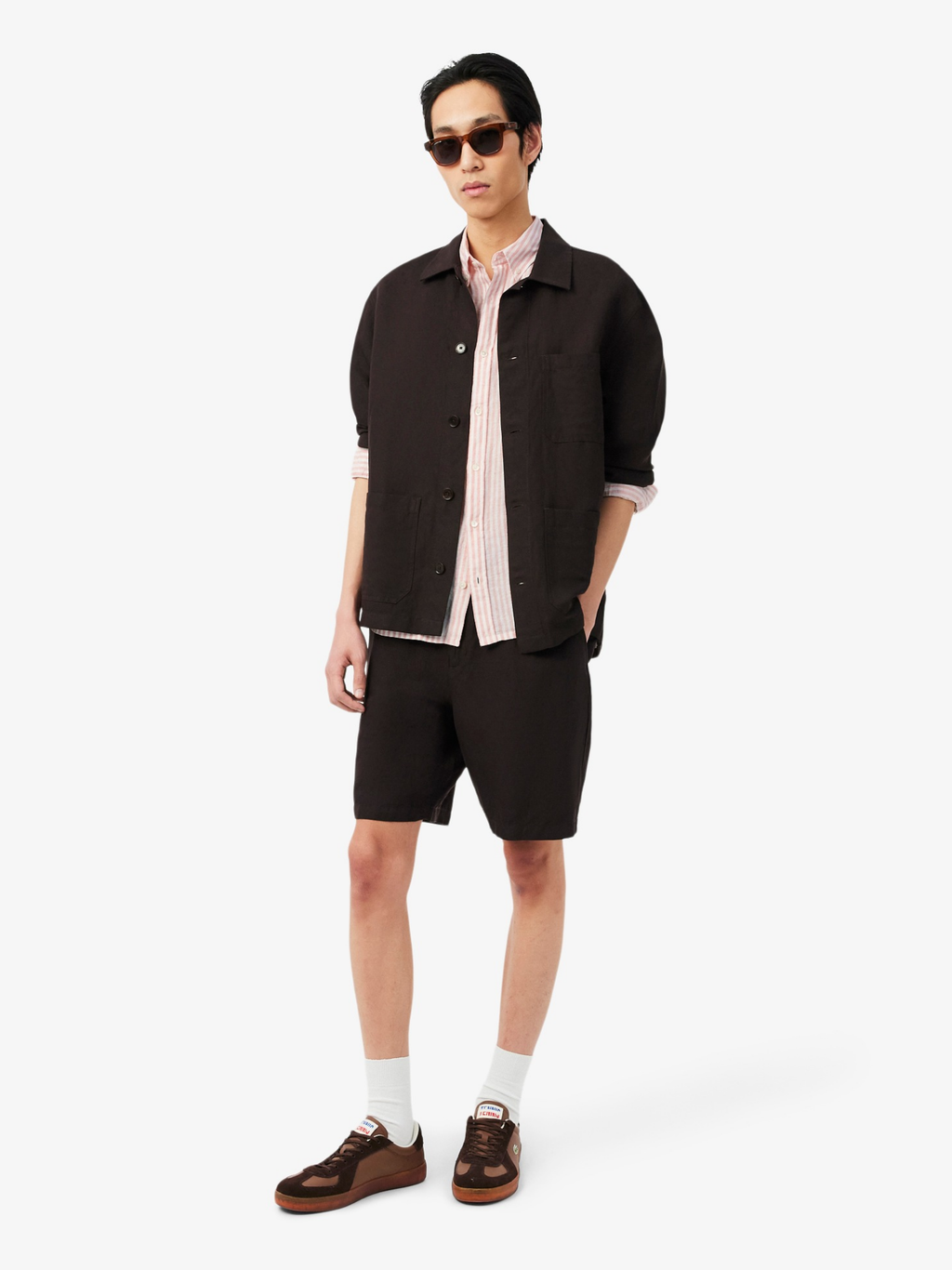 LACOSTE Regular Fit Striped Linen Shirt Pink/White