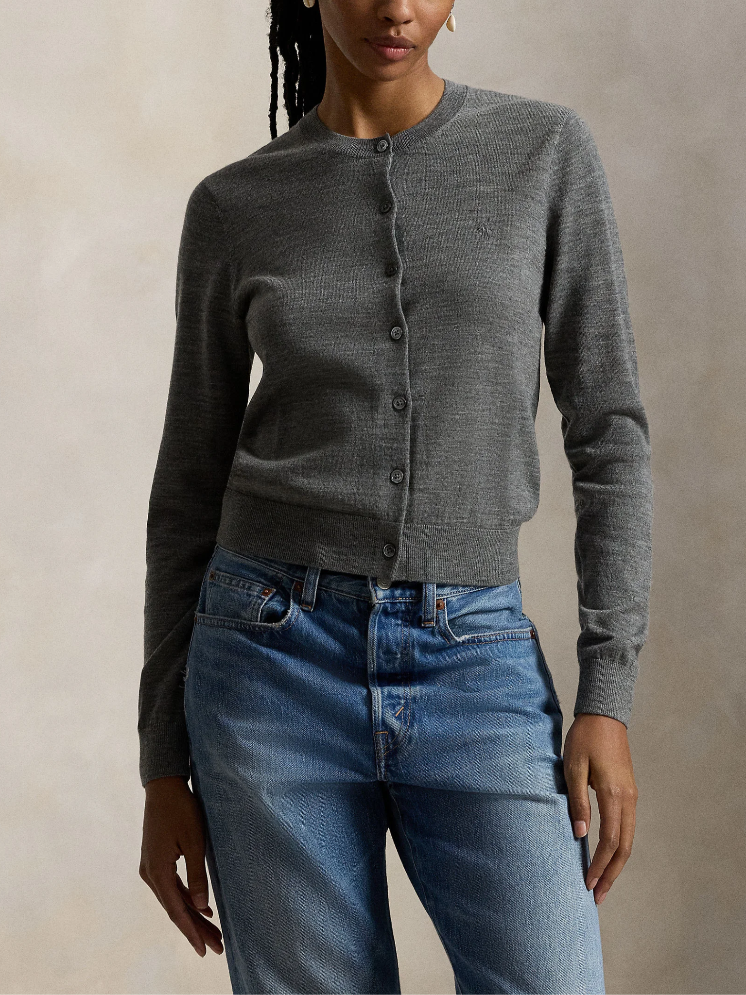 RALPH LAUREN WOMEN Wool Crewneck Cardigan Flannel Heather Grey