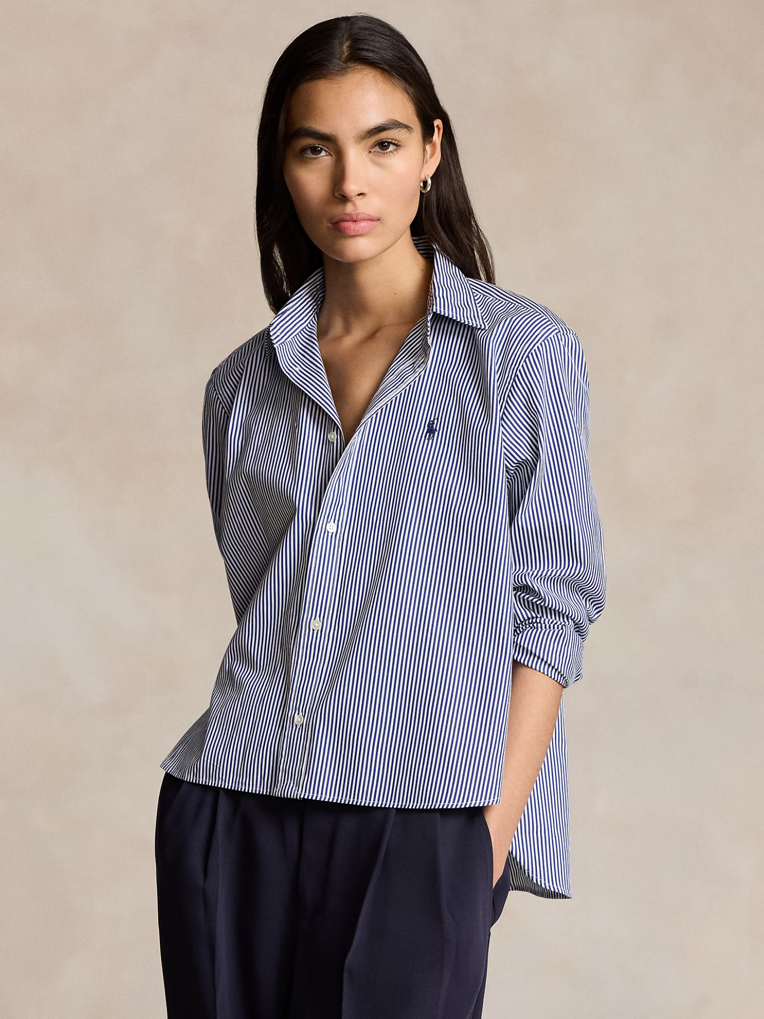 RALPH LAUREN WOMEN Cropped Boxy Striped Cotton Shirt White/Fall Royal