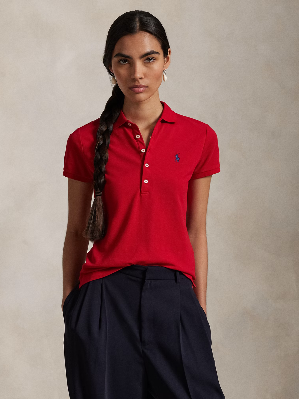 RALPH LAUREN WOMEN Slim Fit Stretch Polo Shirt Red/Navy