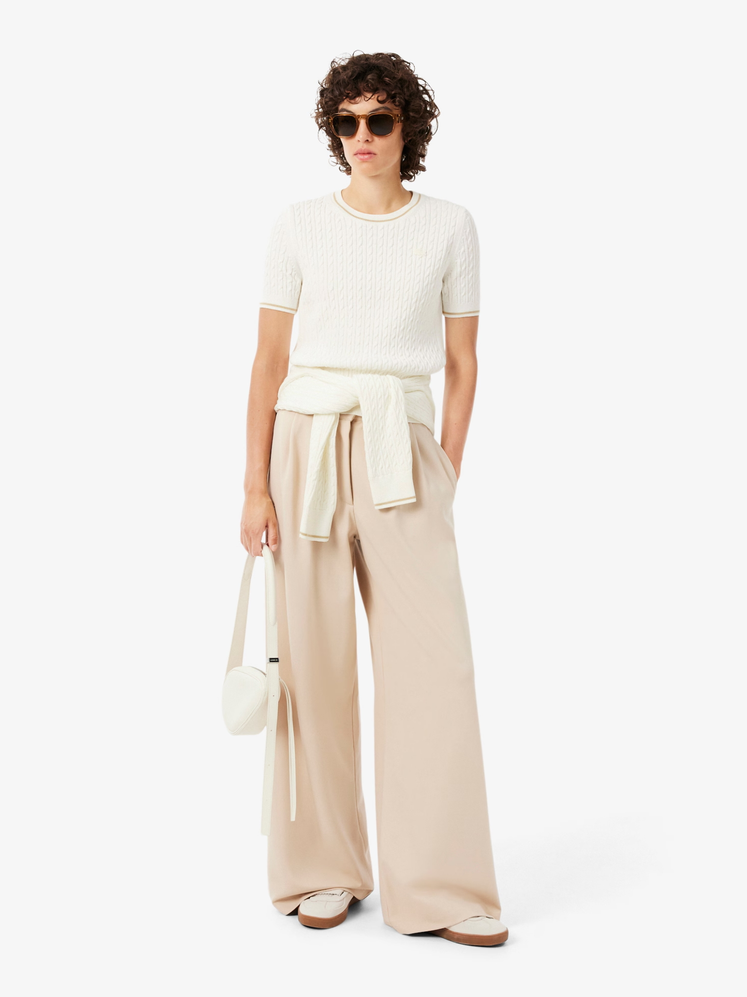 LACOSTE WOMEN Short Sleeved Cable Knit Sweater White