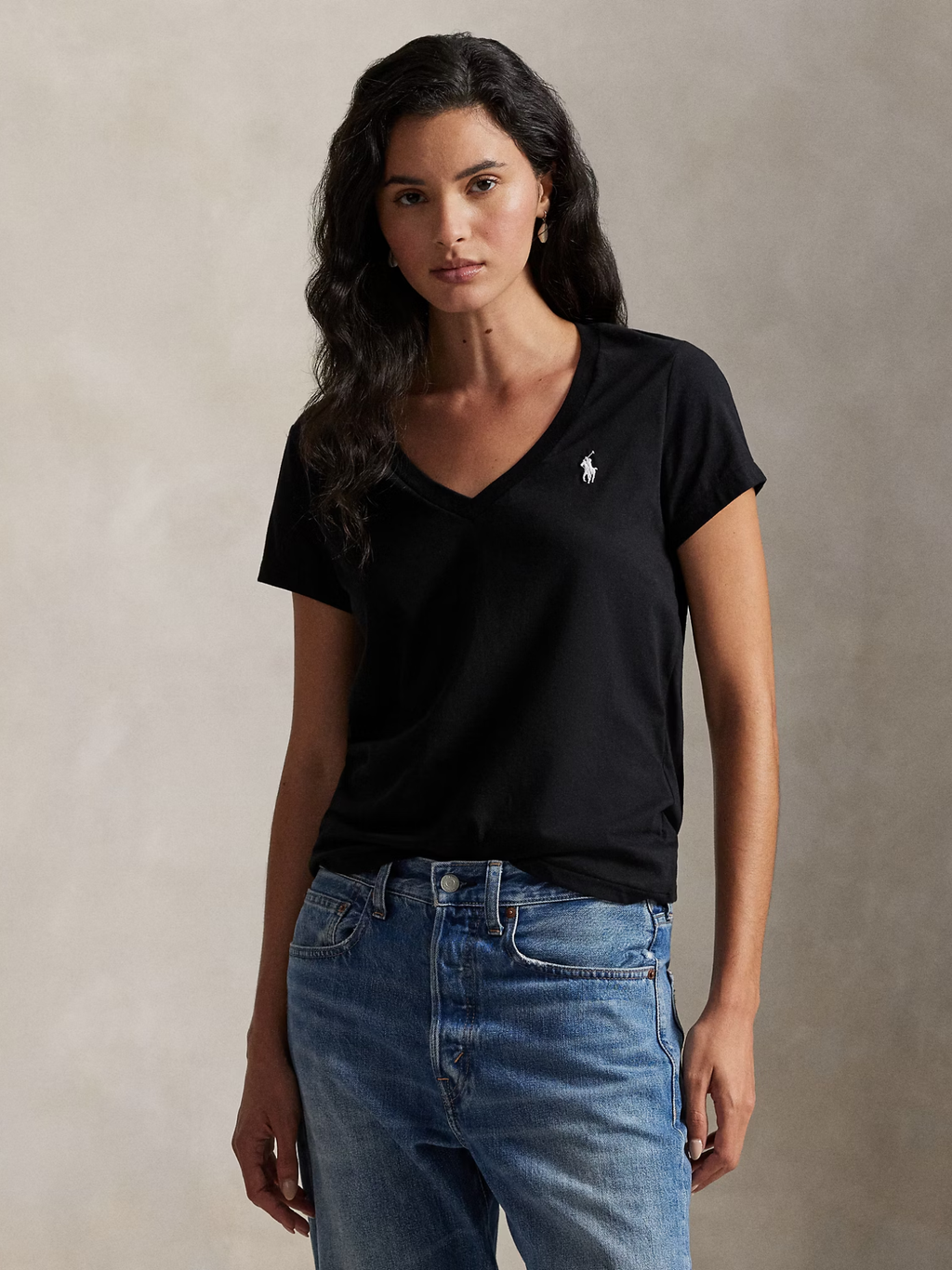 RALPH LAUREN WOMEN Cotton Jersey V-Neck T-Shirt Polo Black