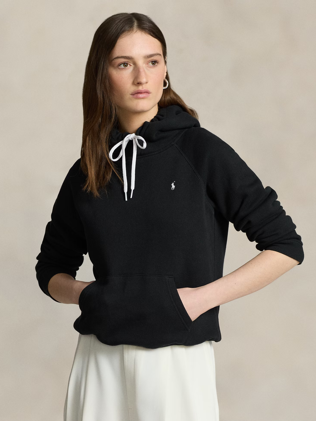 RALPH LAUREN WOMEN Shrunken Fit Fleece Hoodie Polo Black