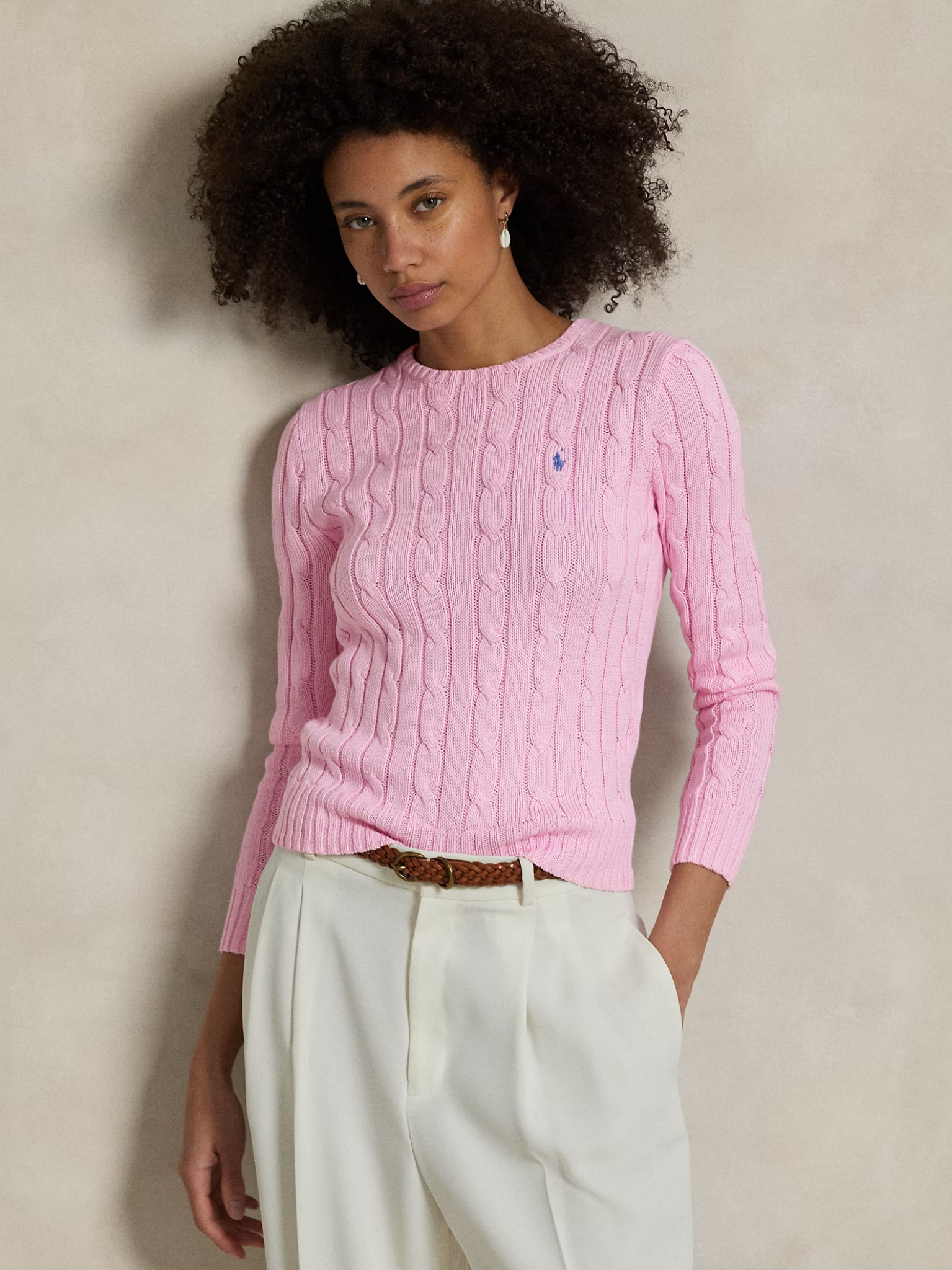 RALPH LAUREN WOMEN Cable-Knit Cotton Crewneck Jumper Carmel Pink