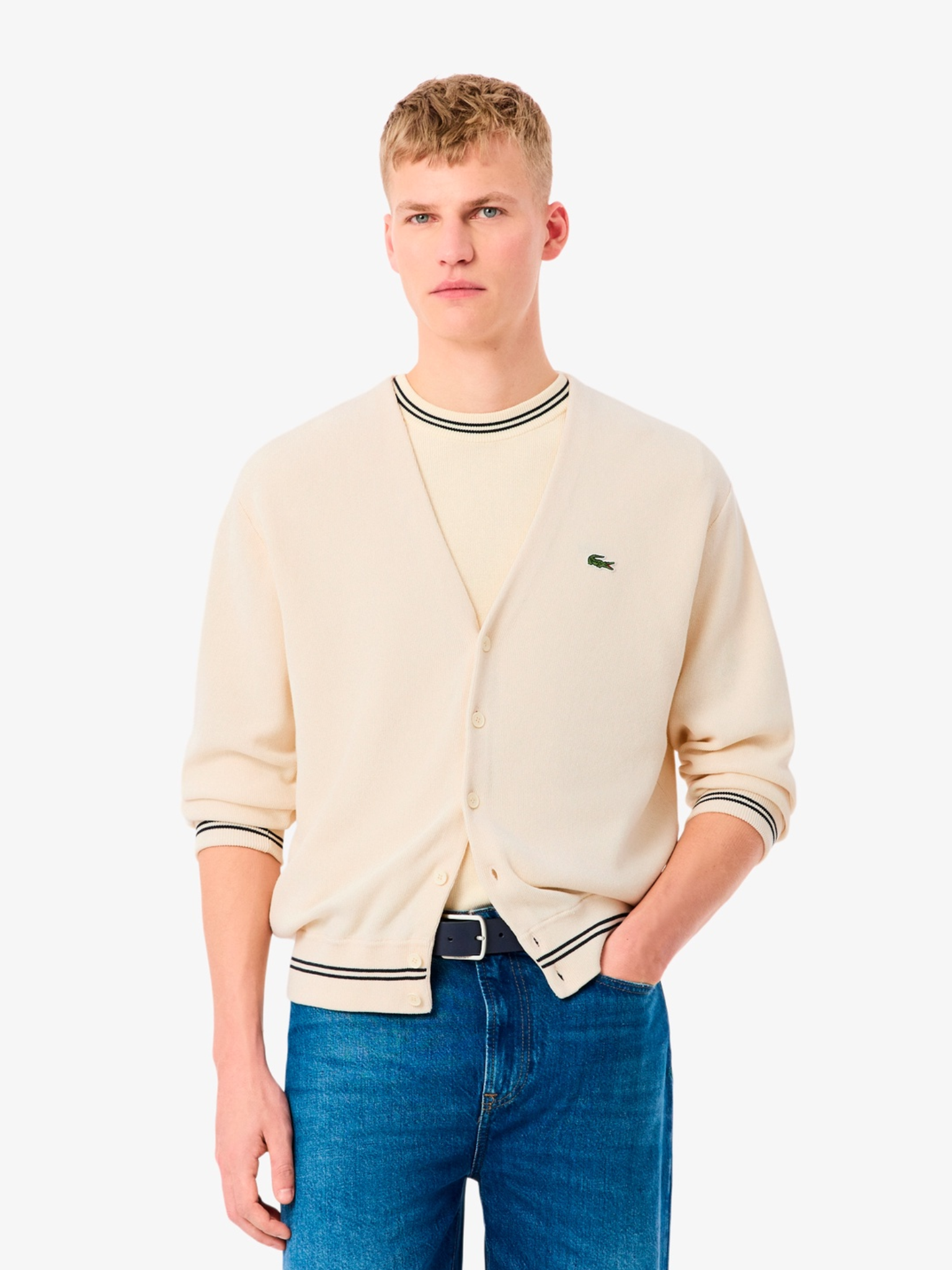LACOSTE Rib-knit Stitch Cotton Knit Cardigan Beige