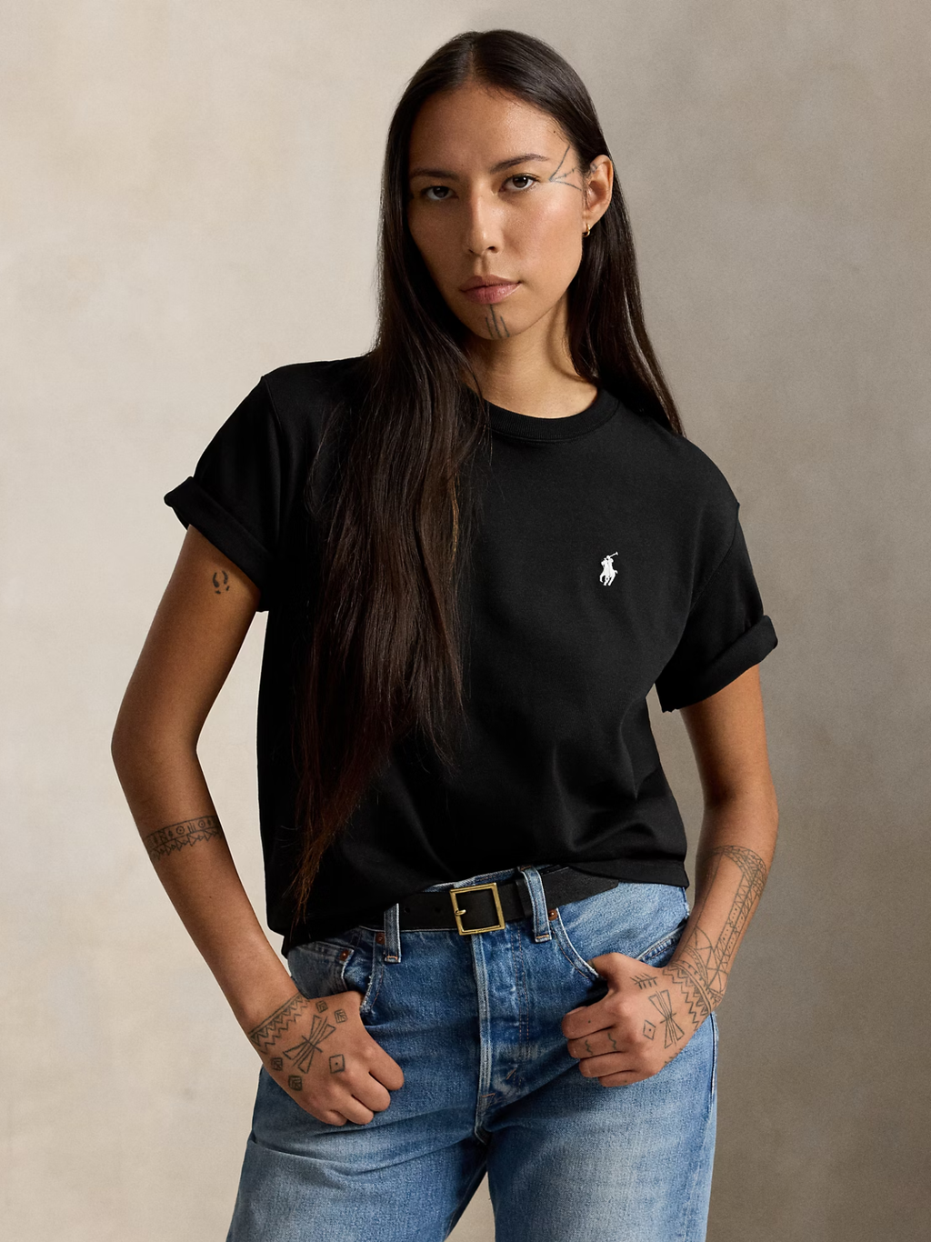 RALPH LAUREN WOMEN Relaxed Fit Cotton Jersey Tee Polo Black
