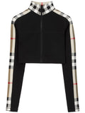 BURBERRY WOMEN Cropped Check Trim Stretch Jersey Zip Top Black