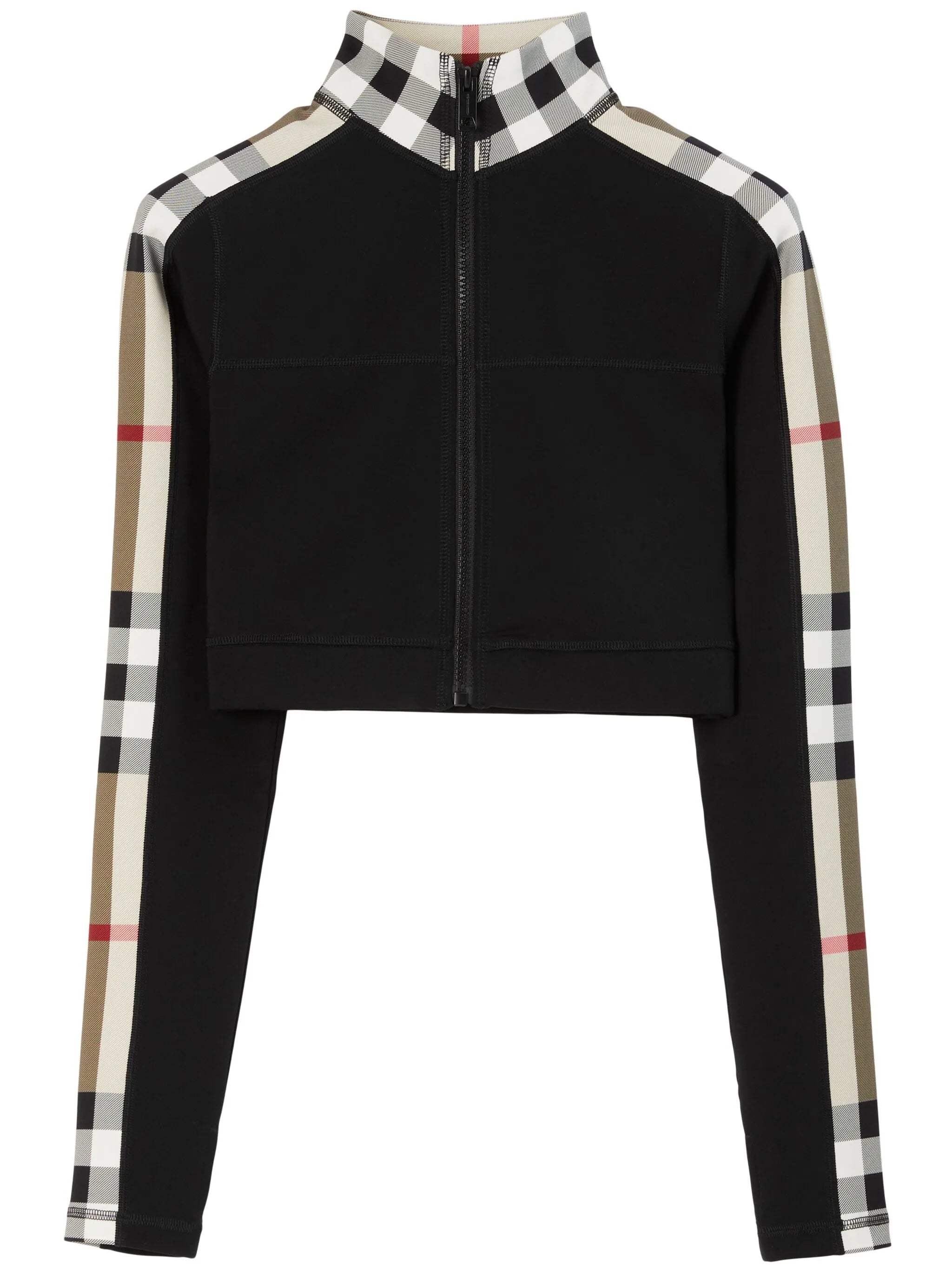 BURBERRY WOMEN Cropped Check Trim Stretch Jersey Zip Top Black