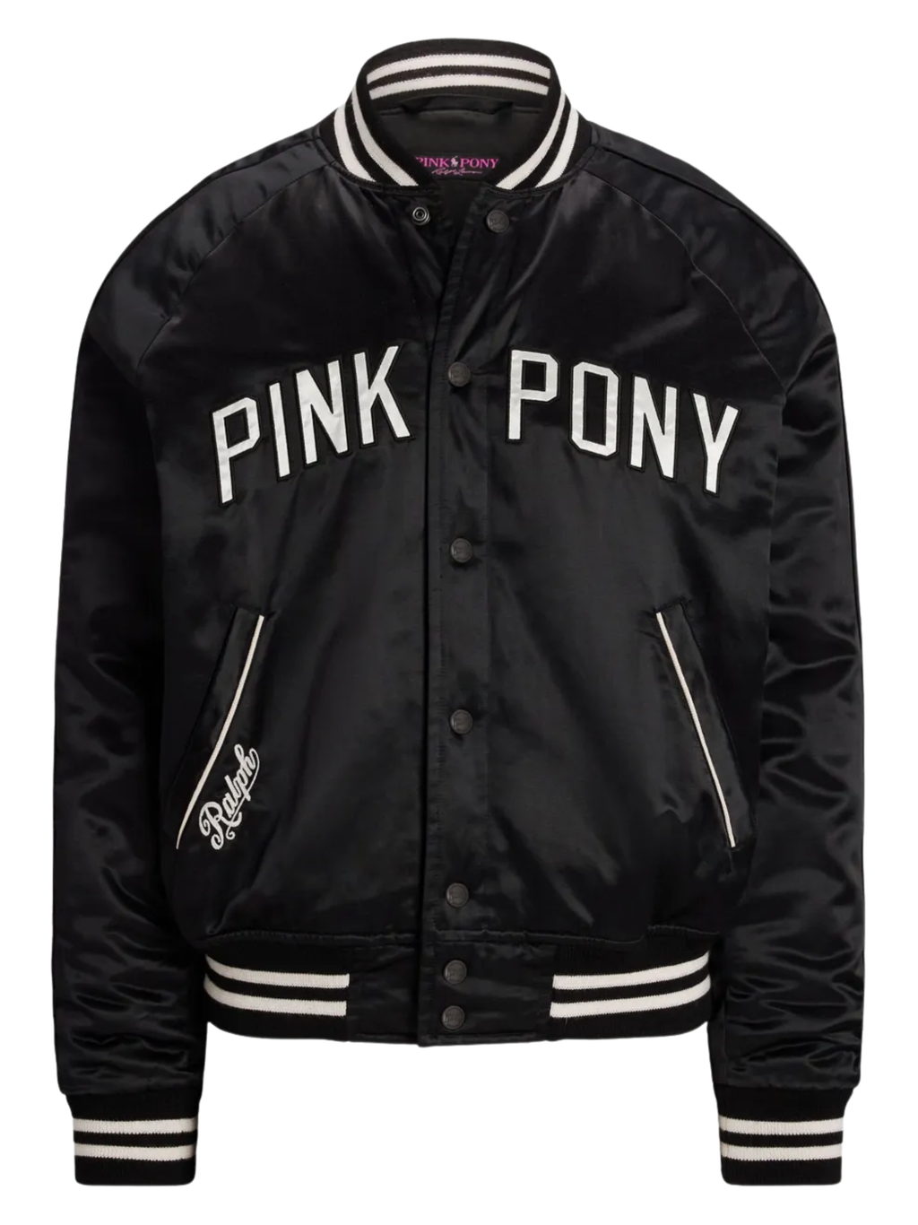 RALPH LAUREN Pink Pony Satin Baseball Jacket Black