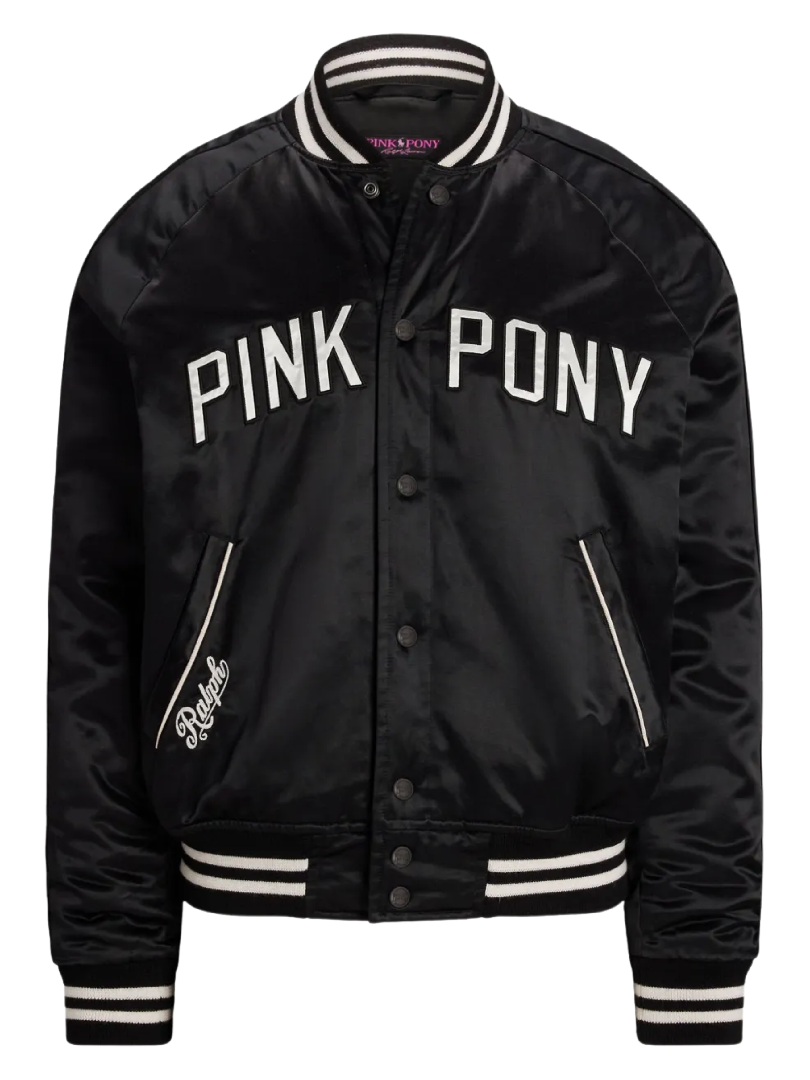 RALPH LAUREN Pink Pony Satin Baseball Jacket Black