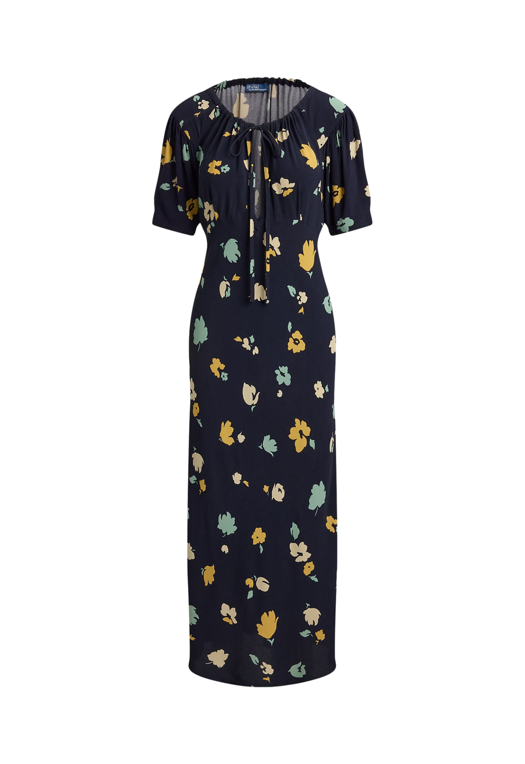 RALPH LAUREN WOMENS Floral-Print Crepe Dress Tulip Navy/Yellow Multi