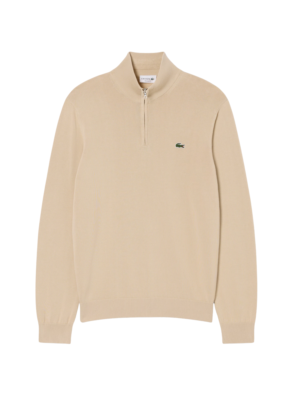 LACOSTE Zipped High Neck Cotton Sweater Beige