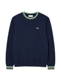 LACOSTE Striped Cotton Jersey Crew Neck Sweater Blue