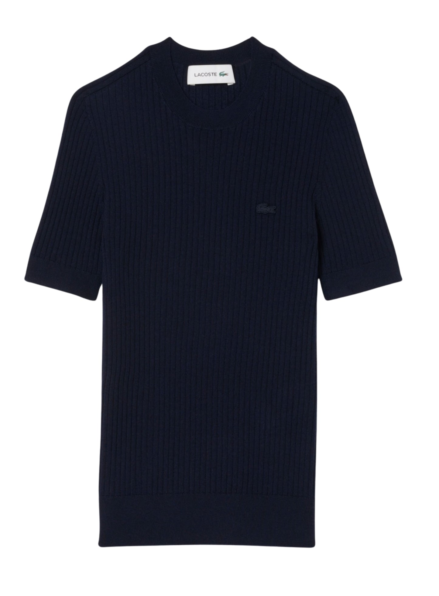 LACOSTE WOMEN Short Sleeved Merino Wool Rib Knit Sweater Midnight Blue