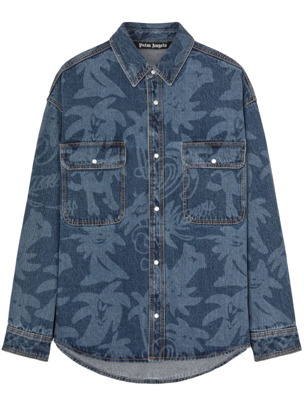 PALM ANGELS Palmity Allover Laser Denim Shirt Blue/Light Blue