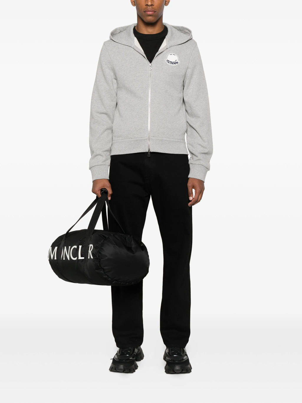 MONCLER Textured Logo Patch Zip-Up Hoodie Grey