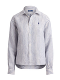 RALPH LAUREN WOMEN Wide Cropped Gingham Linen Shirt Navy Light