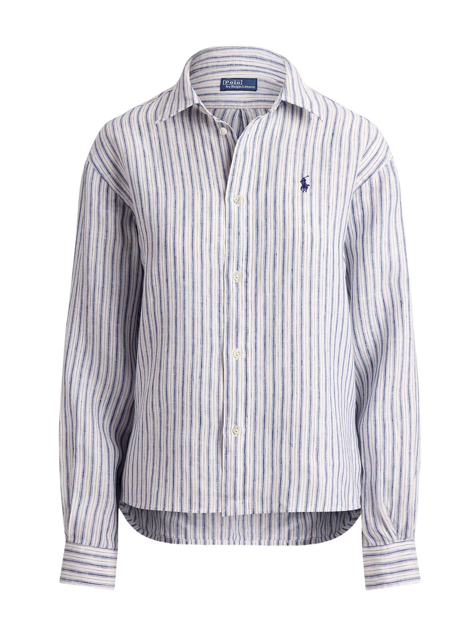 RALPH LAUREN WOMEN Wide Cropped Gingham Linen Shirt Navy Light