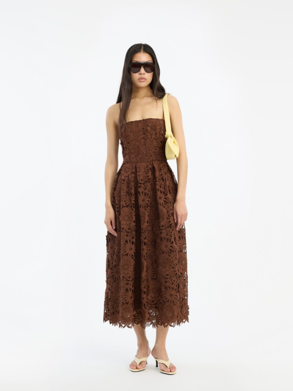 ROTATE BIRGER CHRISTENSEN WOMEN 3D Lace Flared Midi Dress Dark Brown