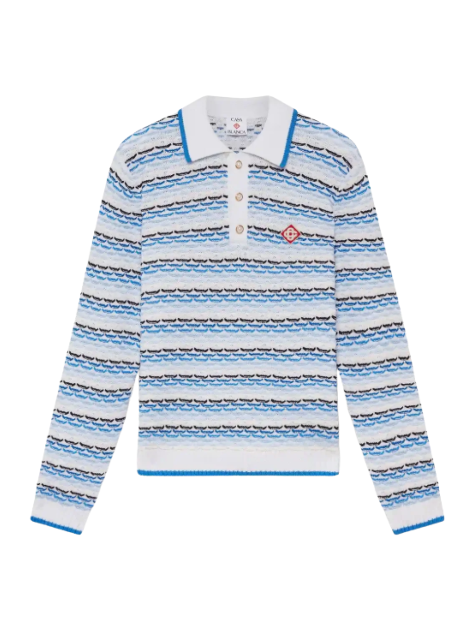 CASABLANCA Tuck Stitch Long Sleeve Polo Shirt Blue