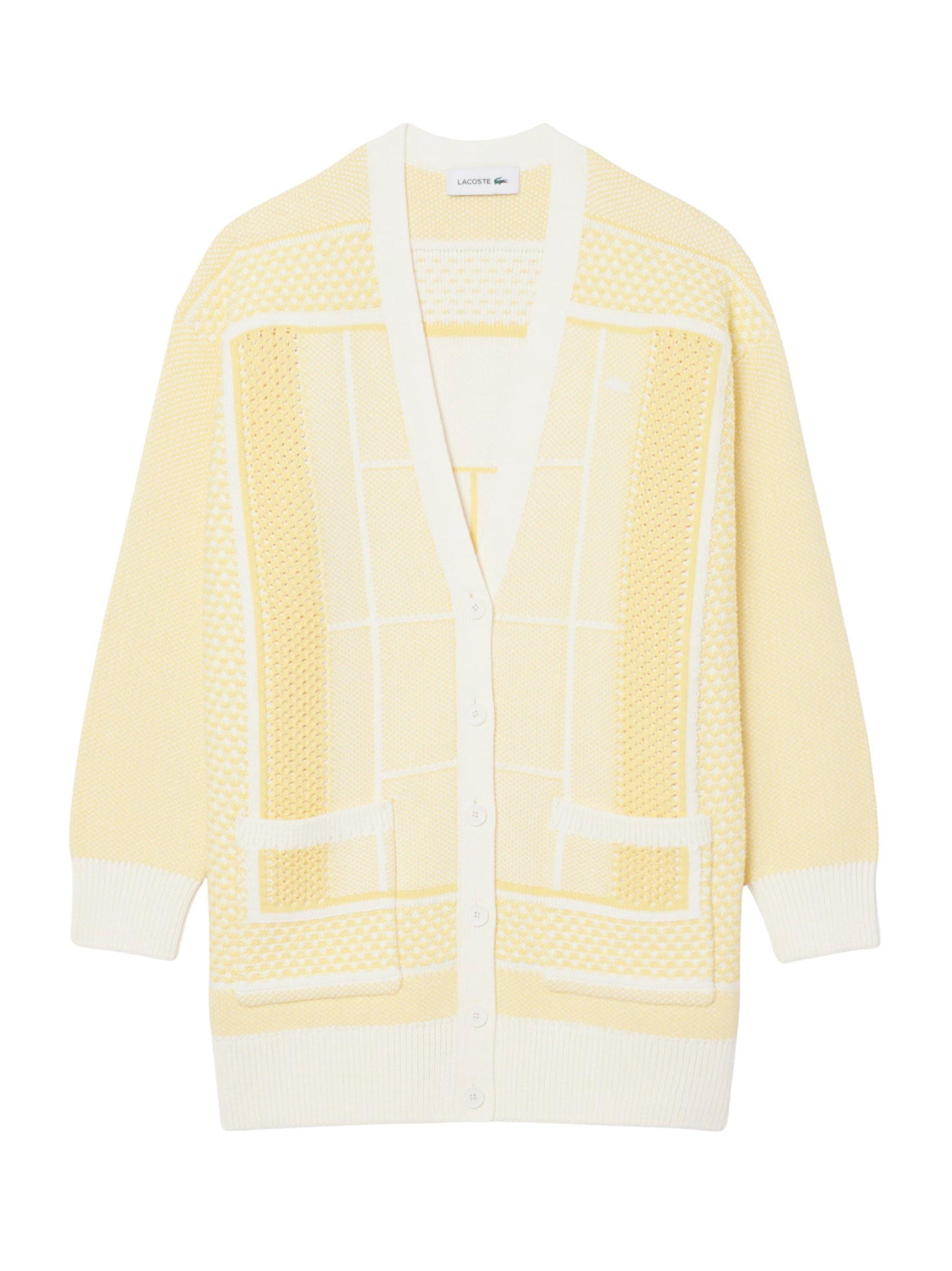 LACOSTE WOMEN Tennis Court Jacquard Long Cardigan Yellow/White