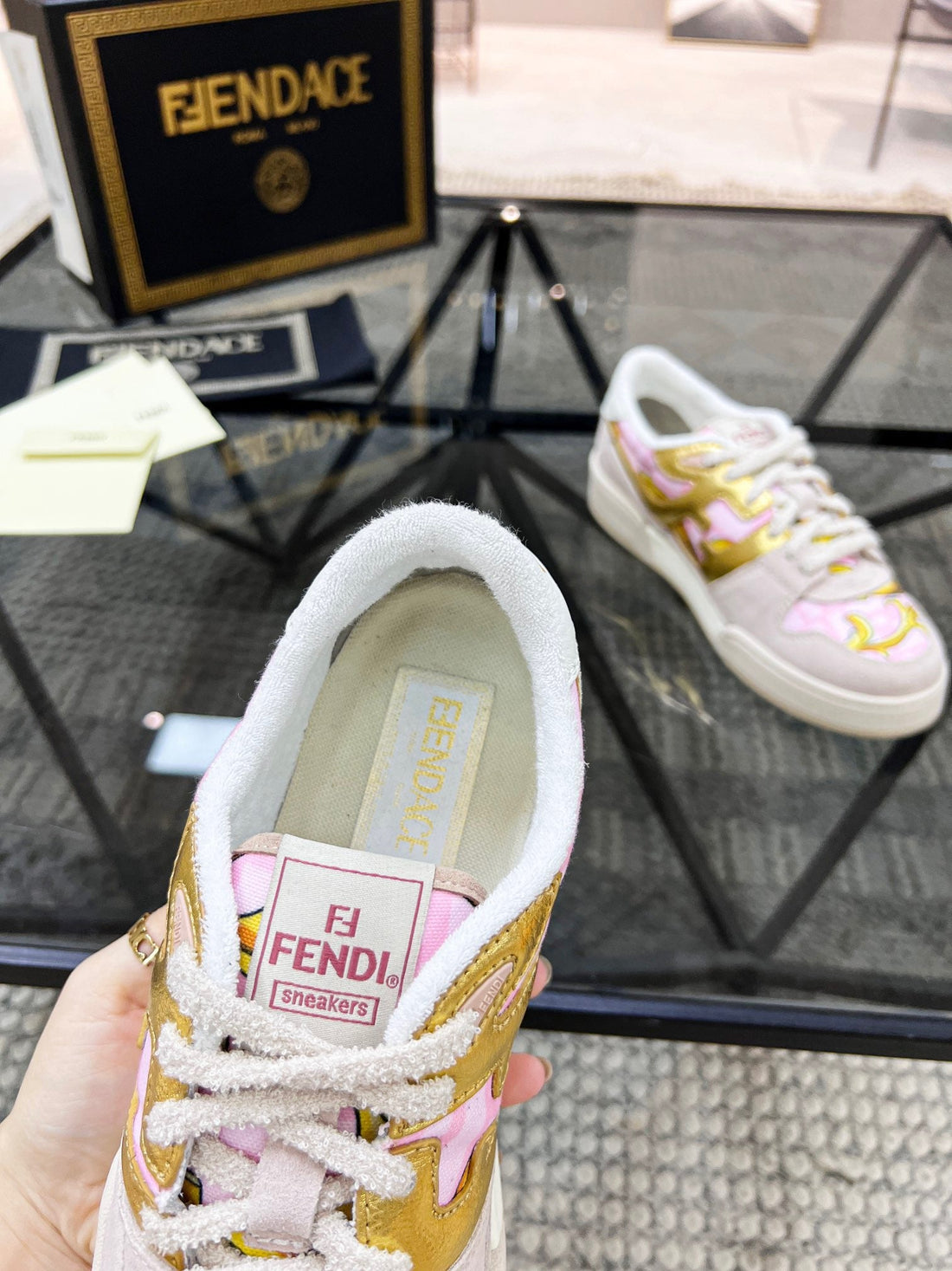 White Pink, Black Brown and Grey Brown Shoes