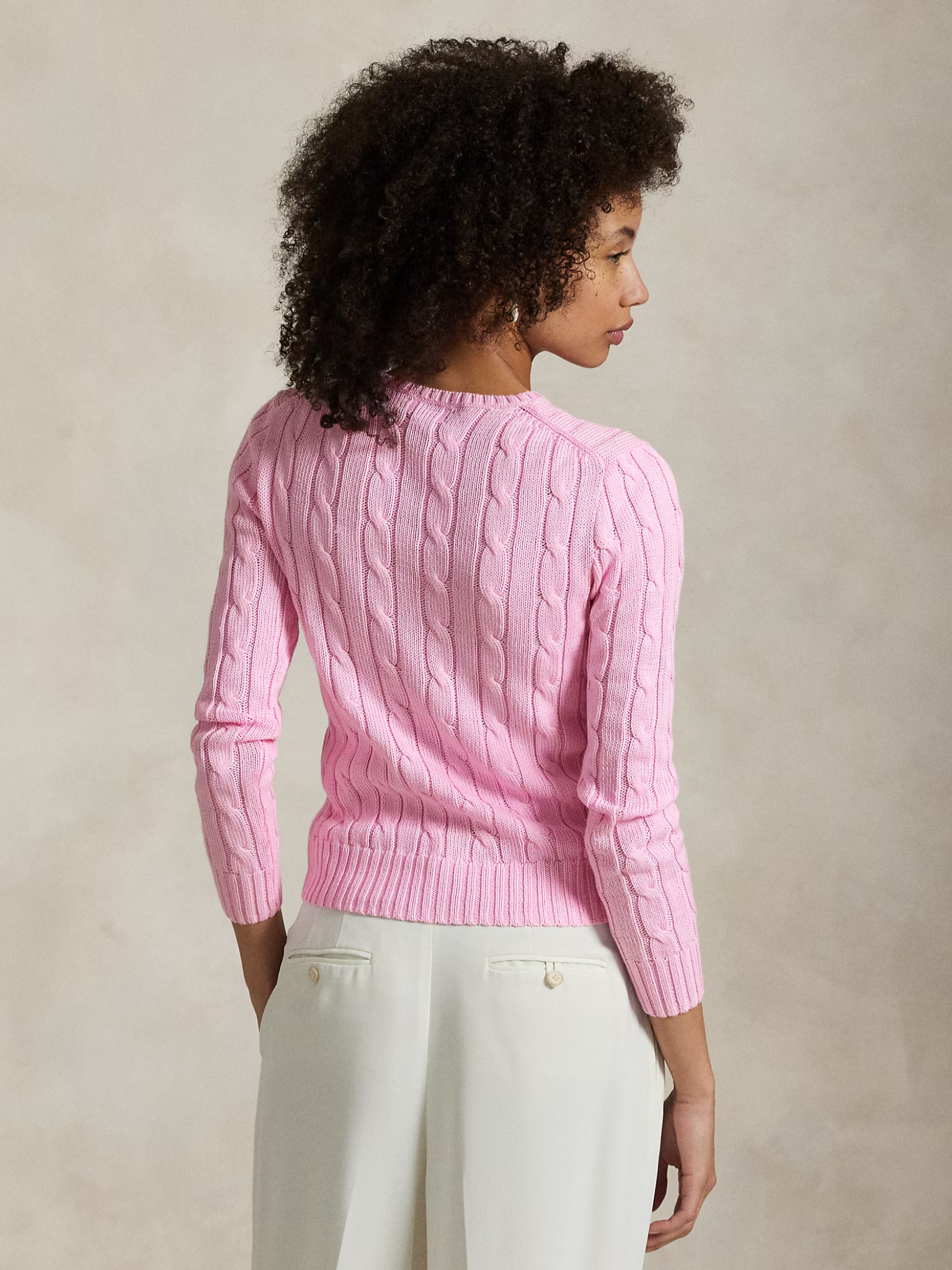 RALPH LAUREN WOMEN Cable-Knit Cotton Crewneck Jumper Carmel Pink