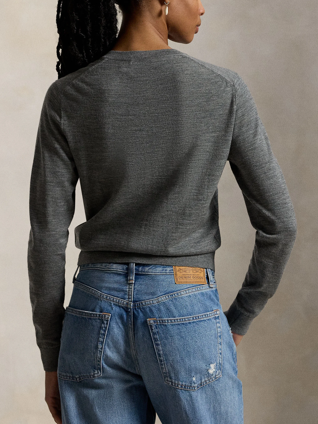 RALPH LAUREN WOMEN Wool Crewneck Cardigan Flannel Heather Grey